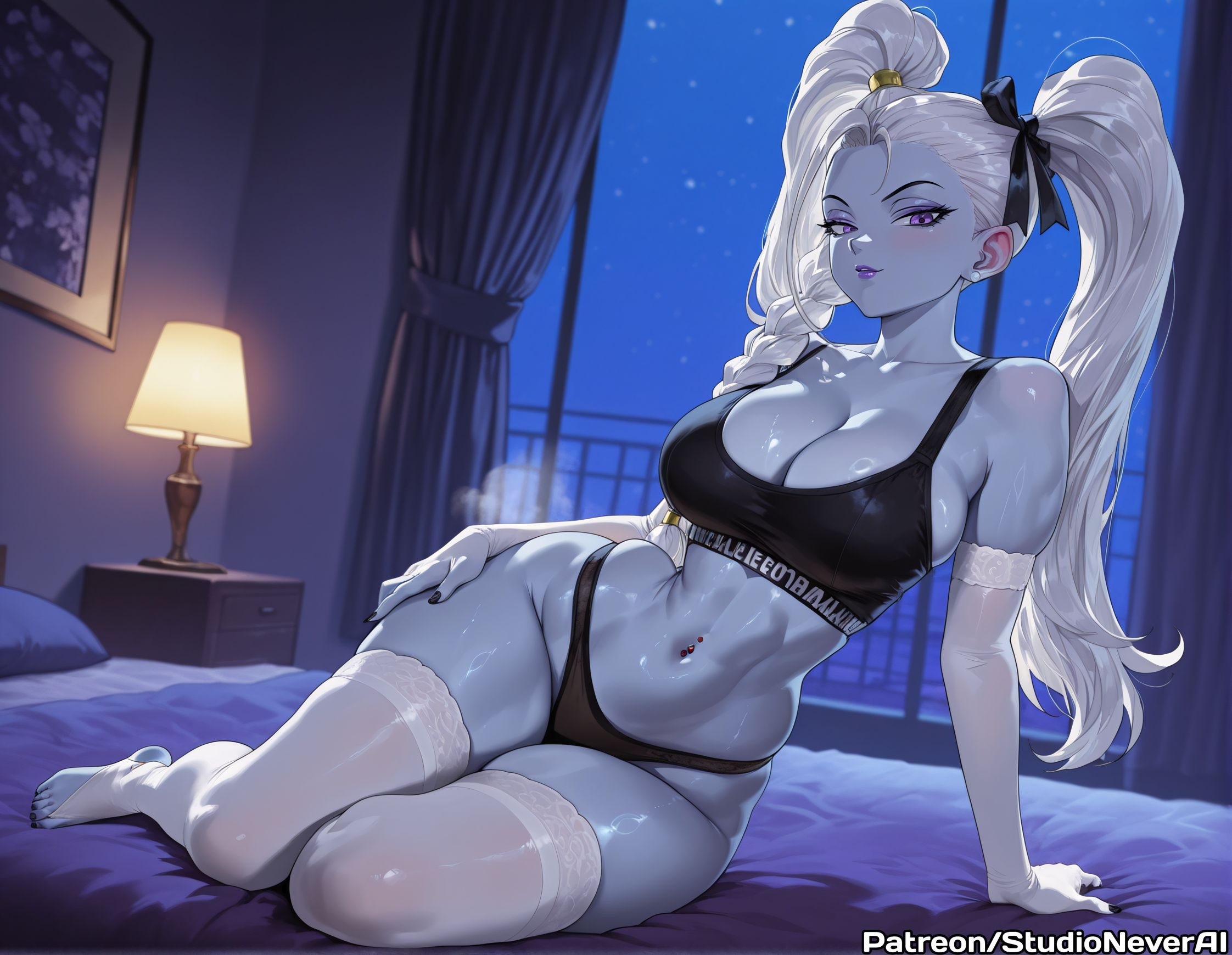 ai generated, bed, bedroom, black nails, black panties, black sports bra, blue skin, blush, breasts, cleavage, collarbone, colored skin, curtains, dragon ball, dragon ball super, elbow gloves, female, gloves, indoors, lamp, large breasts, long hair, looking at viewer, makeup, marcarita, meitabuu, navel, navel piercing, night, night sky, on bed, panties, piercing, purple eyes, purple lips, sky, solo, sports bra, star (sky), thighhighs, twintails, underwear, white gloves, white hair, white thighhighs, window