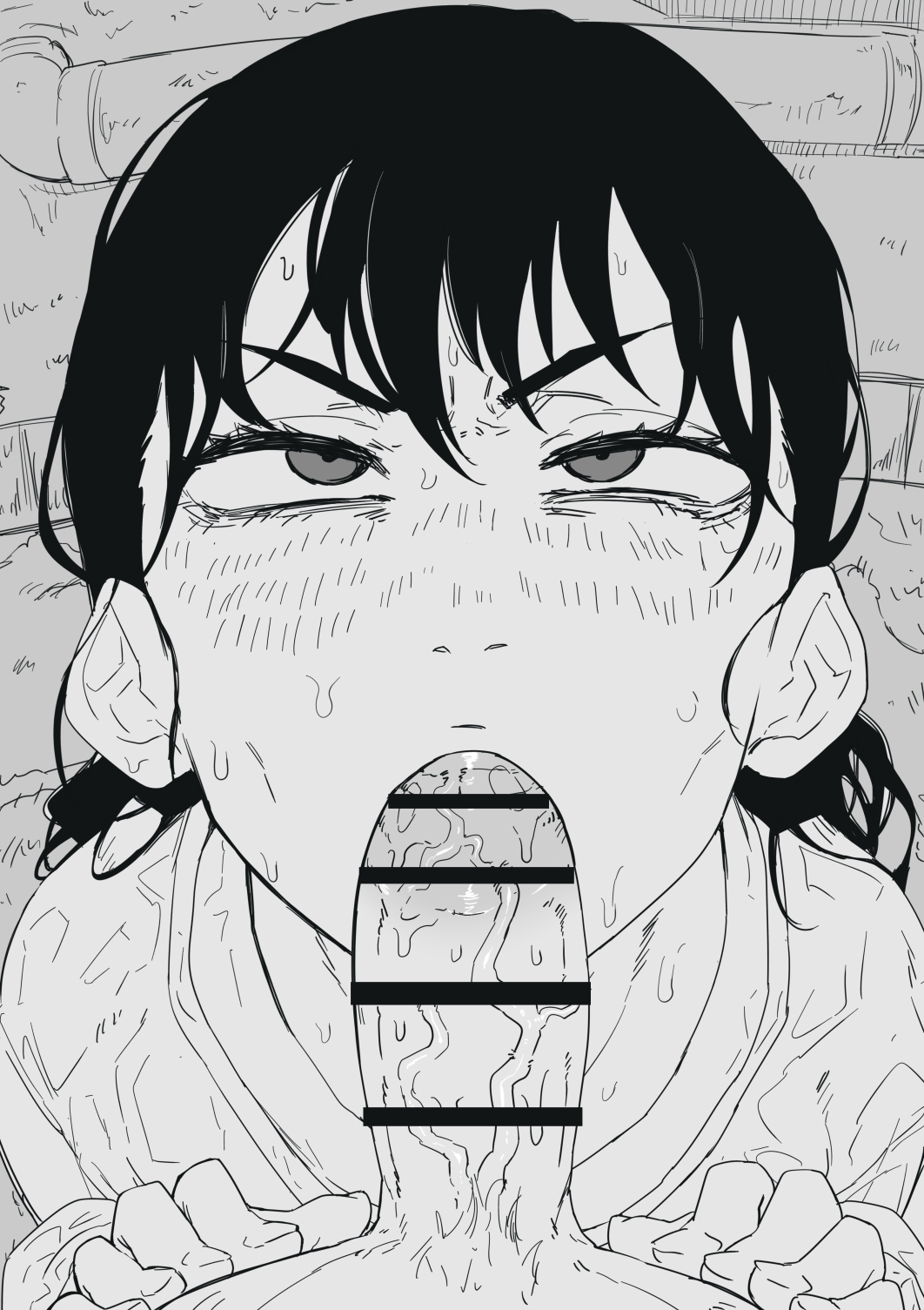 :>=, 1boy, 1girls, censored, chainsaw man, comic, earrings, female, gokkun, greyscale, highres, licking, licking penis, male, mitaka asa, mole, mole under eye, monochrome, nuezou, oral, penis, school uniform, short hair, swallowing, veins, veiny penis