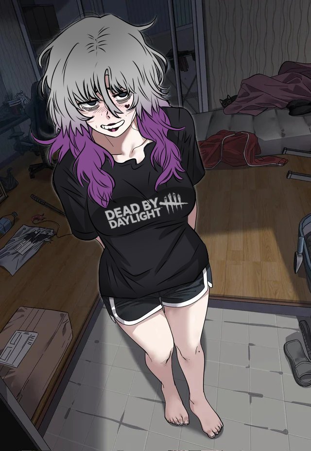 1girls, 2025, 2d, arms behind back, awkward, bags under eyes, barefoot, bedroom, black eyes, black lips, black shirt, black shorts, blanket, blush, breasts, chair, cheek tattoo, clutter, commentary, computer, copyright name, dead by daylight, dolphin shorts, english commentary, epic edster, facial mark, facial tattoo, feet, feline, female, female only, gaming chair, grey hair, hair between eyes, heart, heart facial mark, heart tattoo, indoors, large breasts, light skin, light-skinned female, litter box, long hair, mattress, messy hair, messy room, multicolored hair, pink hair, purple hair, sable ward, sfw, shirt, shorts, smile, solo, swivel chair, t-shirt, tattoo, third-party edit, trash, white hair, zirarval