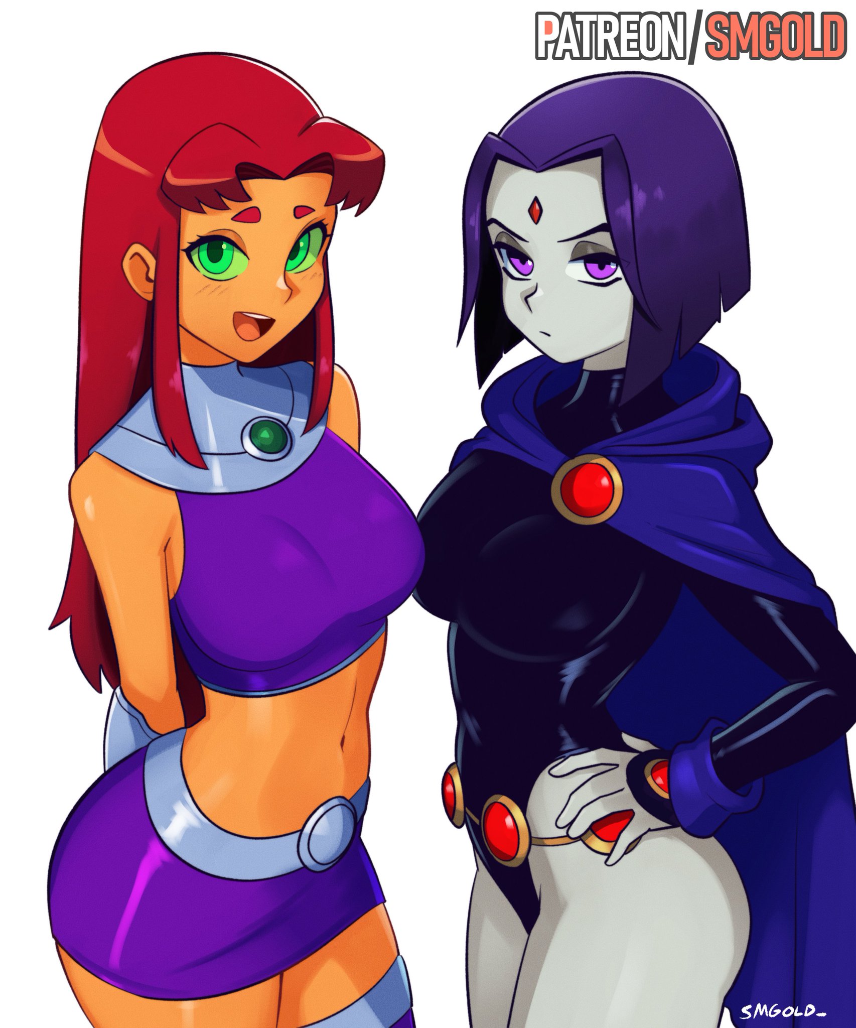 2girls, dc, dc comics, female, female only, long hair, looking at viewer, raven (dc), shiny skin, short hair, smgold, smile, smiling, starfire (teen titans), tagme, teen titans