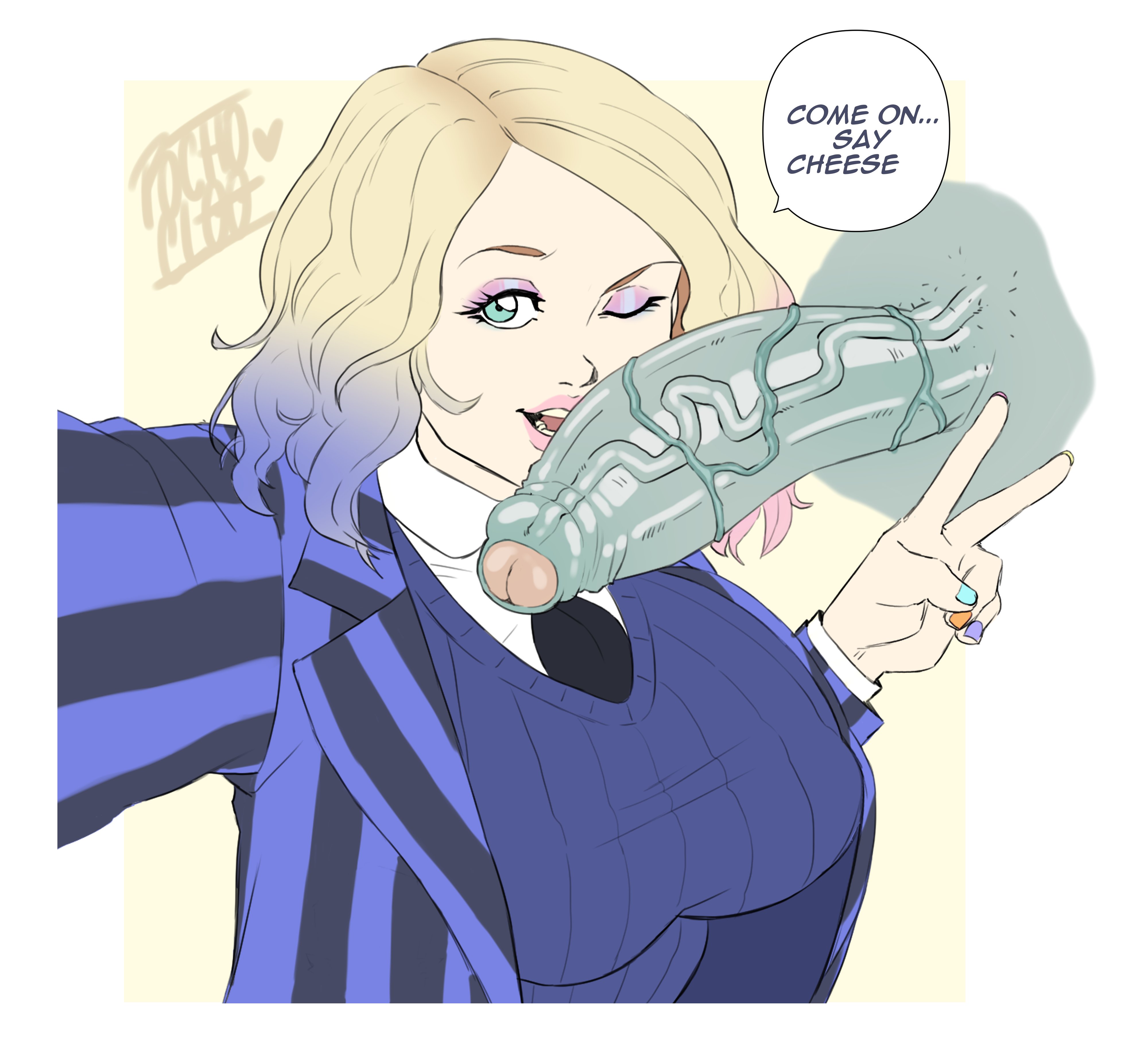 1boy, 1girls, big breasts, blonde hair, breasts, english text, enid sinclair, formal, hetero, huge penis, large penis, lurch (addams family), makeup, nail polish, penis, pinstripe pattern, pochoclogigi, selfie, selfie with penis, speech bubble, striped, taking picture, text, the addams family, uncensored, v, veins, veiny penis, vertical stripes, wednesday (netflix)