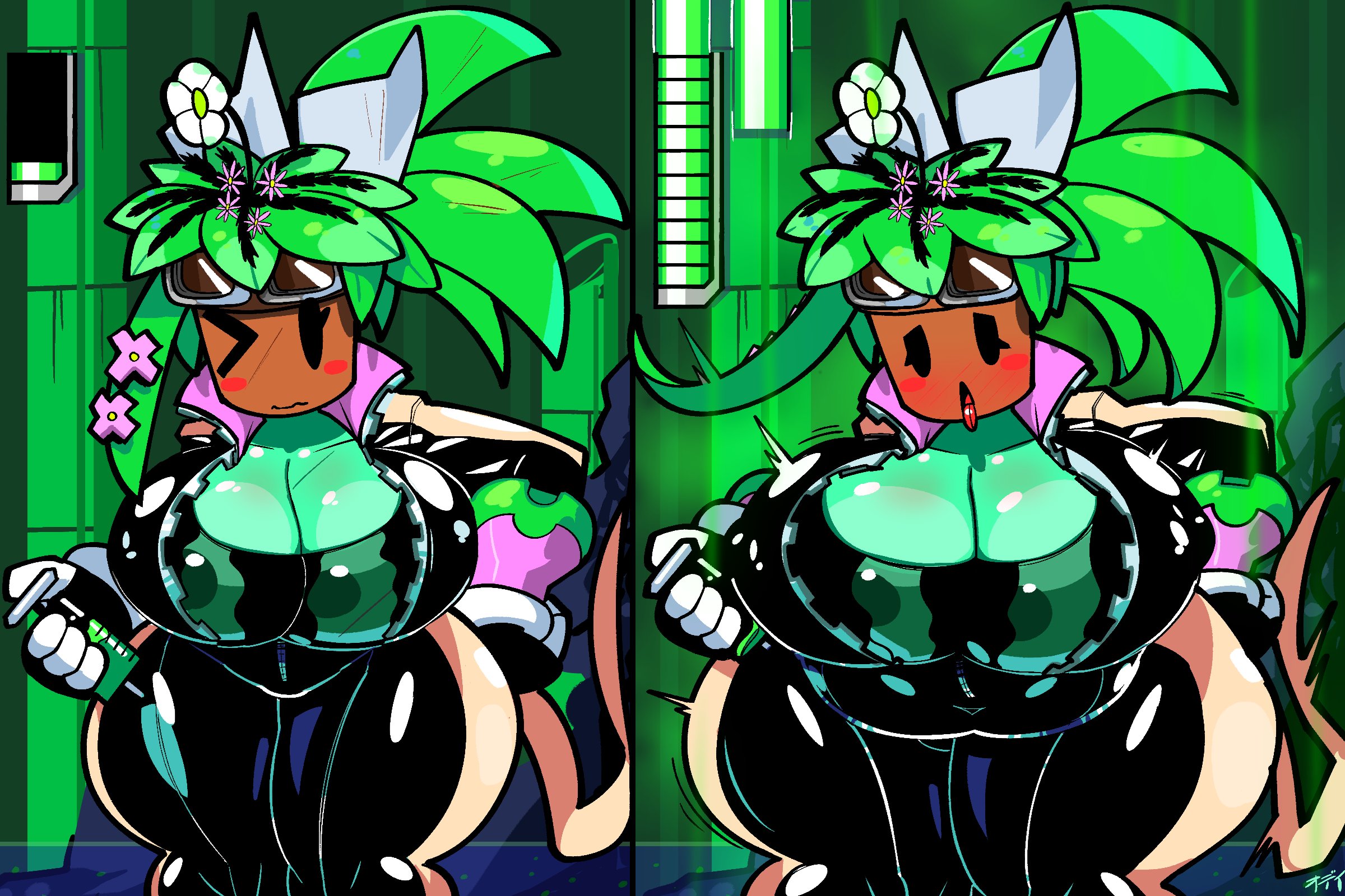 1girls, big breasts, blaster master, blush, breast expansion, breast growth, breast growth (enlargement), breasts, bursting breasts, cleavage, clothing, female, gameplay mechanics, gloves, green body, green skin, huge breasts, kanna (blaster master), life bar, odeinosoko, plant, plant girl, plantie, solo, solo female, stretching