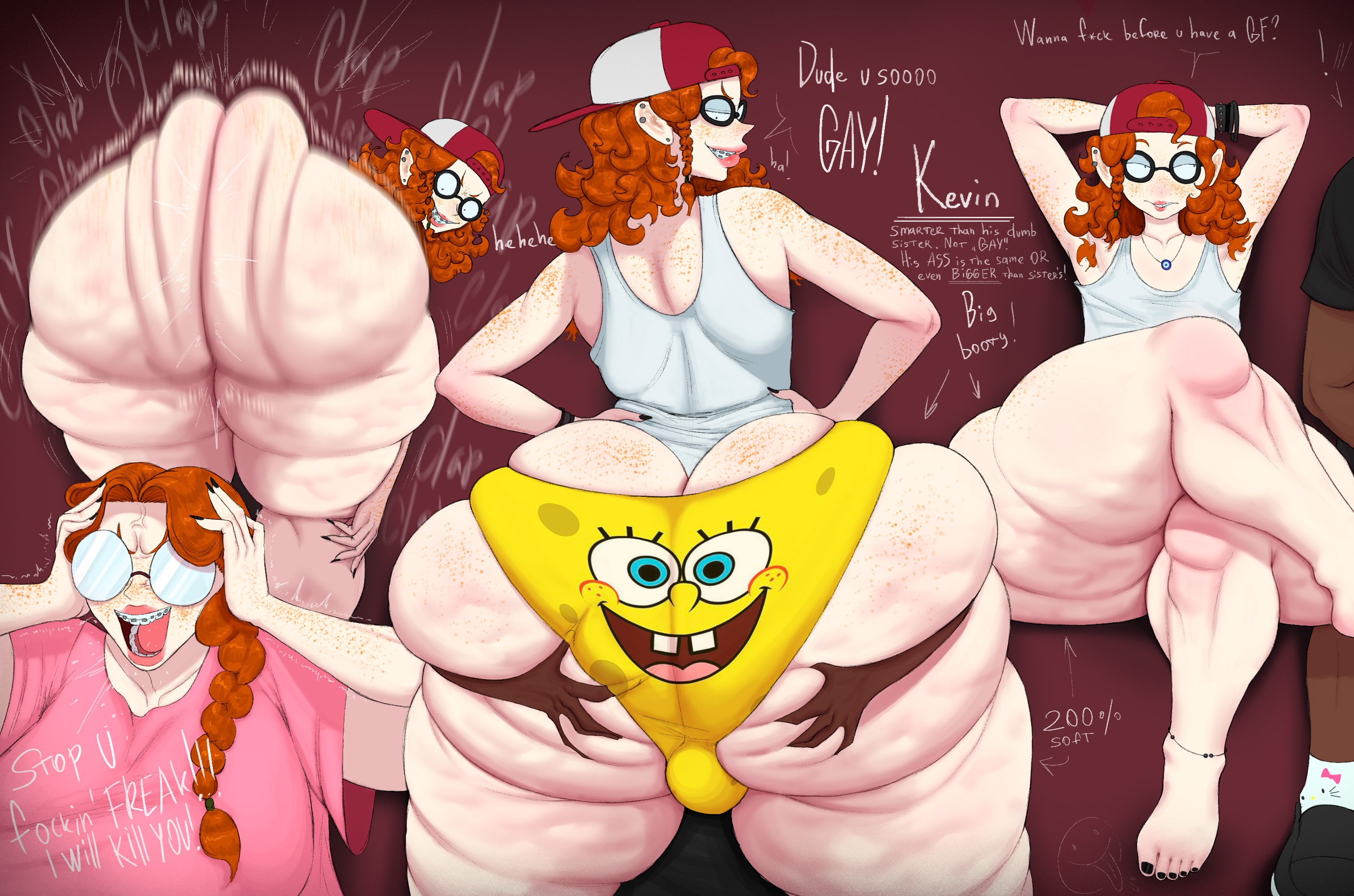 1girls, 2boys, 2d, 2d (artwork), adych, armpit hair, armpits, arms up, ass, ass clapping, ass grab, bent over, big ass, big breasts, bottom heavy, braces, breasts, brother and sister, bubble butt, bulge, busty, cellulite, clapping cheeks, dark skin, dark-skinned male, dialogue, doughy ass, fat ass, feet, female, femboy, freckles, gay, glasses, gluteal fold, grabbing another's ass, hands behind head, hat, huge ass, huge breasts, kevin (adych), large ass, large breasts, light skin, light-skinned female, light-skinned male, male, massive ass, original, panties, redhead, rippling ass, sally (adych), siblings, sister, text, thick ass, thick thighs, thunder thighs, twerking, wide hips