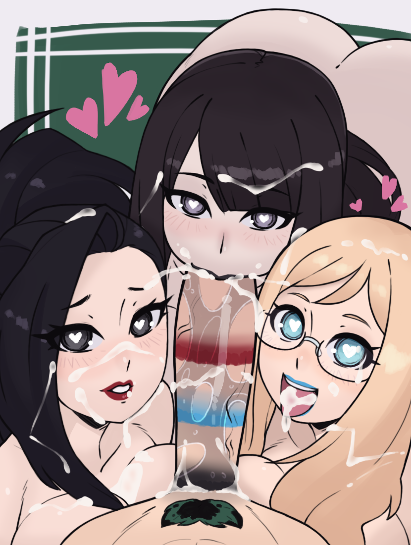 1boy, 3girls, ass, black lipstick, blowjob, blue lipstick, blush, boku no hero academia, breasts, cleavage, collaborative fellatio, crossover, cum, cum in mouth, cum inside, cum on breasts, cum on face, cumming, fawkes draws, fellatio, foursome, glasses, heart, heart-shaped pupils, izuku midoriya, large ass, large breasts, lips, lipstick, lipstick mark, lipstick on penis, measuring penetration depth, melissa shield, momo yaoyorozu, multiple girls, my hero academia, naked, nude, nude female, open mouth, pubic hair, rainbow party, red lipstick, saliva, saliva on penis, shoka sakurane, teamwork, the world ends with you
