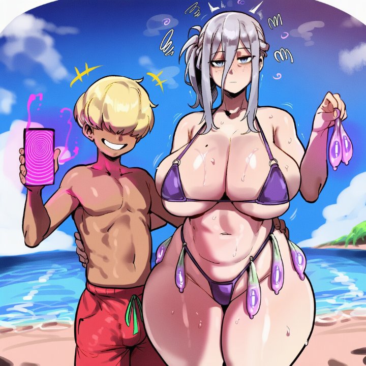 ai generated, big ass, big breasts, breasts, condom accessories, cum in condom, dark-skinned male, date a live, duo, female, grabbing hips, gray hair, hypnosis app, ishimo, male, micro bikini, mind control, murasame reine, smaller male
