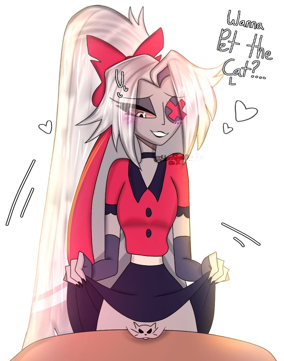 1girls, 4 fingers, amazon prime, angel, angel girl, big breasts, bottomless, bow, bowtie, breasts, cartoon, cat ears, cat eyes, cat nose, cat whiskers, choker, clitoris, clitoris peek, do you want to pet my cat (meme), drawing, drawing on body, drawing on pussy, exorcist (hazbin hotel), eyepatch, female, female only, gray body, gray hair, grey body, grey hair, grey skin, hand on breast, hazbin hotel, hazbin hotel (season 2), hellaverse, looking at viewer, meme, nose, pants down, patreon link, pink eye, pink eyes, ponytail, pussy on table, ribbon, scar, scar on face, sharpie, shirt only, smile, smiling, smiling at viewer, solo, table, tagme, tagme (artist), uniform, vaggi (hazbin hotel), white hair, x eye, x on eye
