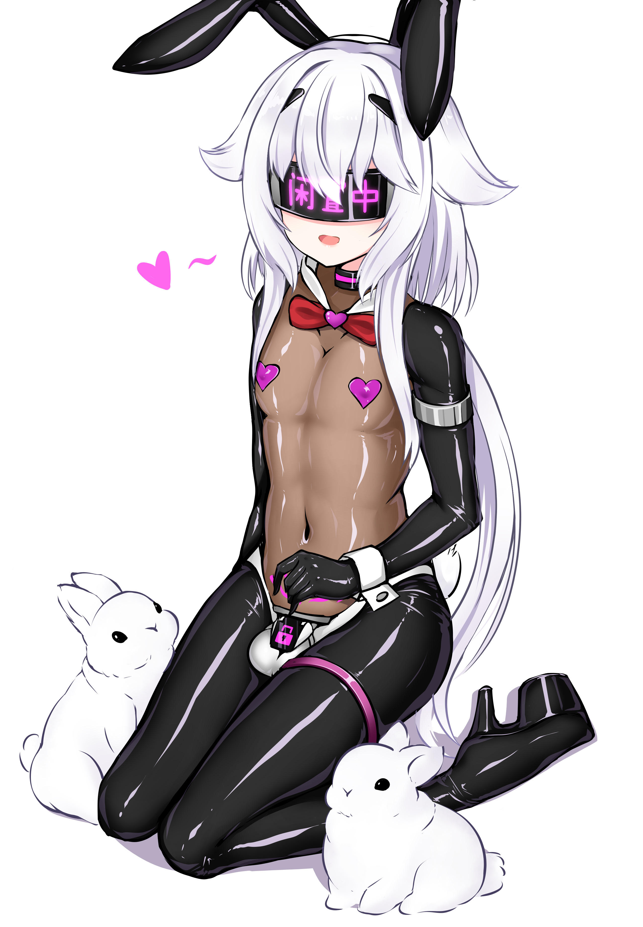 1boy, bodysuit, bunny ears headband, chastity cage, chastity device, collar, corruption, drone, dronification, femboy, head mounted display, heart, heart pasties, heart tattoo, kneeling, latex, long hair, male, mastersprouts, mind control, original, playboy bunny, pubic tattoo, rabbit, see-through, sex toy, skin tight, smile, tattoo, tight clothing, white hair