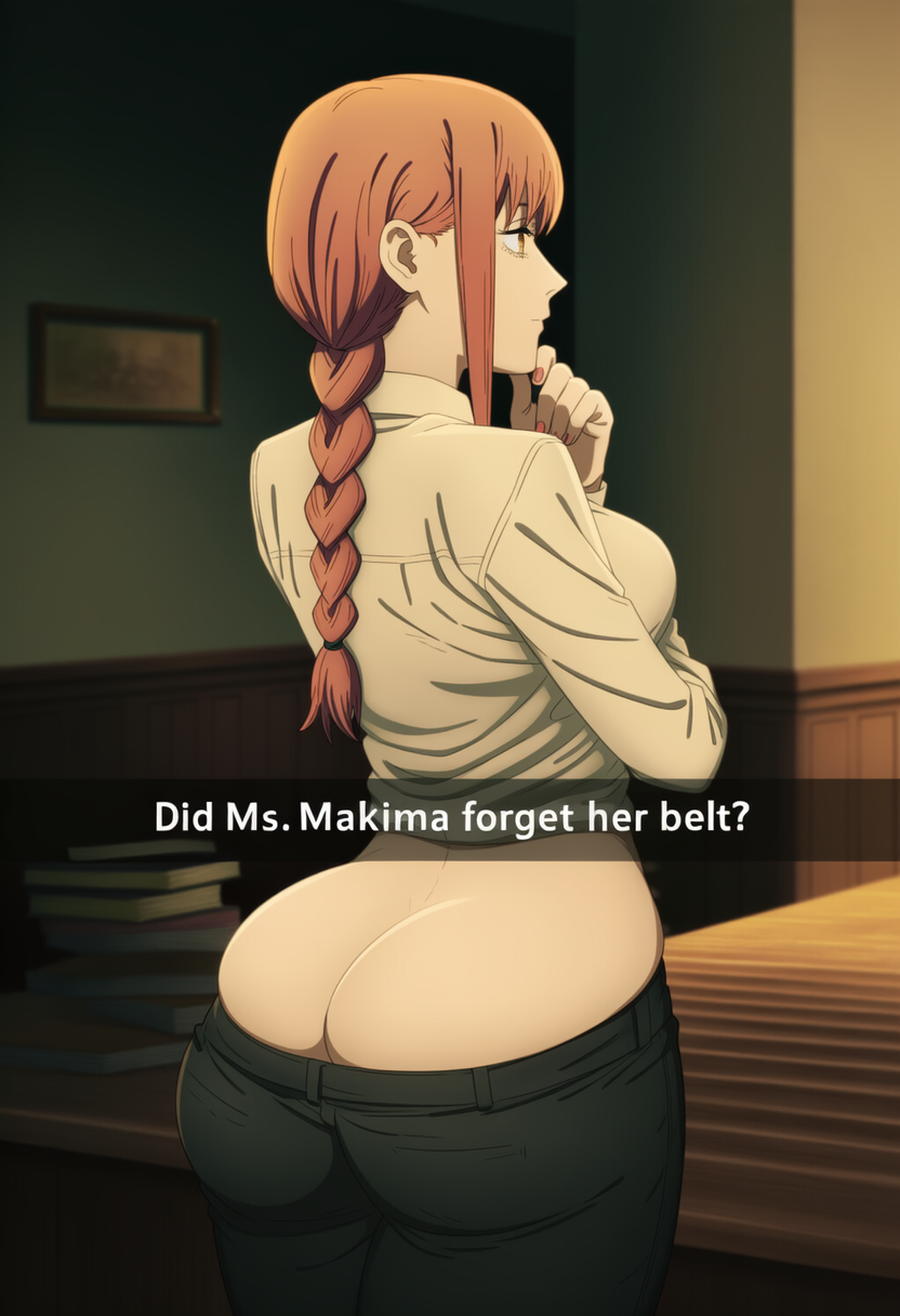 1girls, ai generated, ass crack, bubble butt, chainsaw man, female, huge ass, leo dawg, makima (chainsaw man), medium breasts, office, pov, snapchat sexting, wide hips