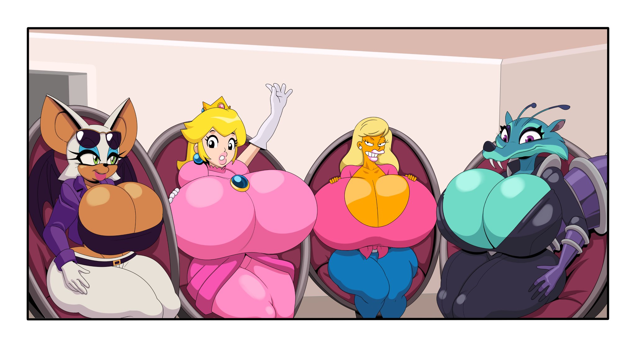 4girls, alien, anthro, bat, big breasts, blue fur, breasts, chair, cleavage, crossover, crown, dreamcastzx1, eastern and western character, female, female only, furry, huge breasts, human, ice age (series), mario (series), princess peach, rouge the bat, scratazon, scratazon leader, sega, sonic (series), sonic the hedgehog (series), squirrel, superbunnygt, tagme, the simpsons, titania (the simpsons), turboranger, wings