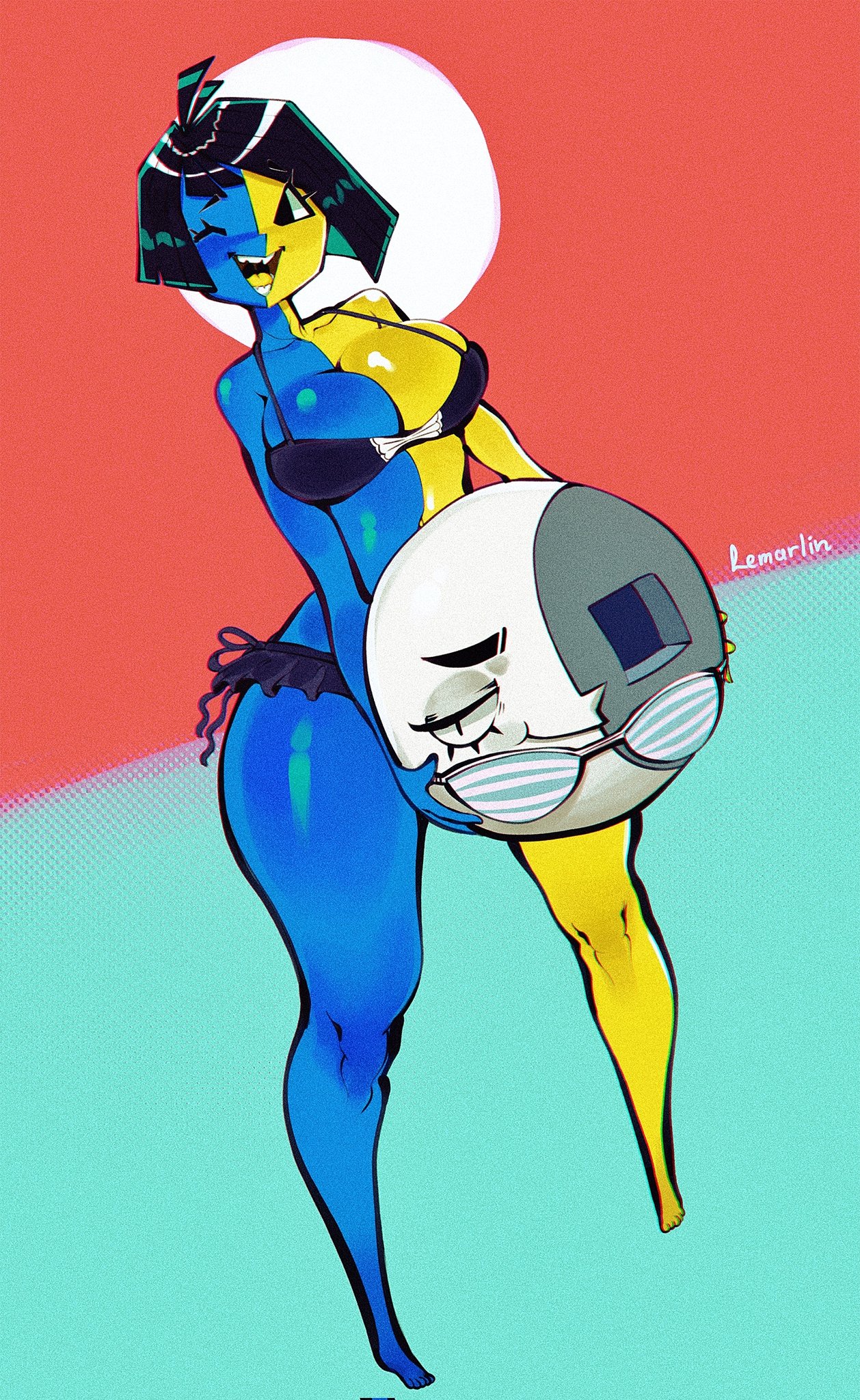 2girls, ahoge, artist signature, bikini, black hair, blue body, blue skin, breasts, ena, ena (series), eyelashes, female, female only, lemarreart, moony (joel g), mostly nude, one eye closed, swimsuit, two-tone body, yellow body, yellow skin