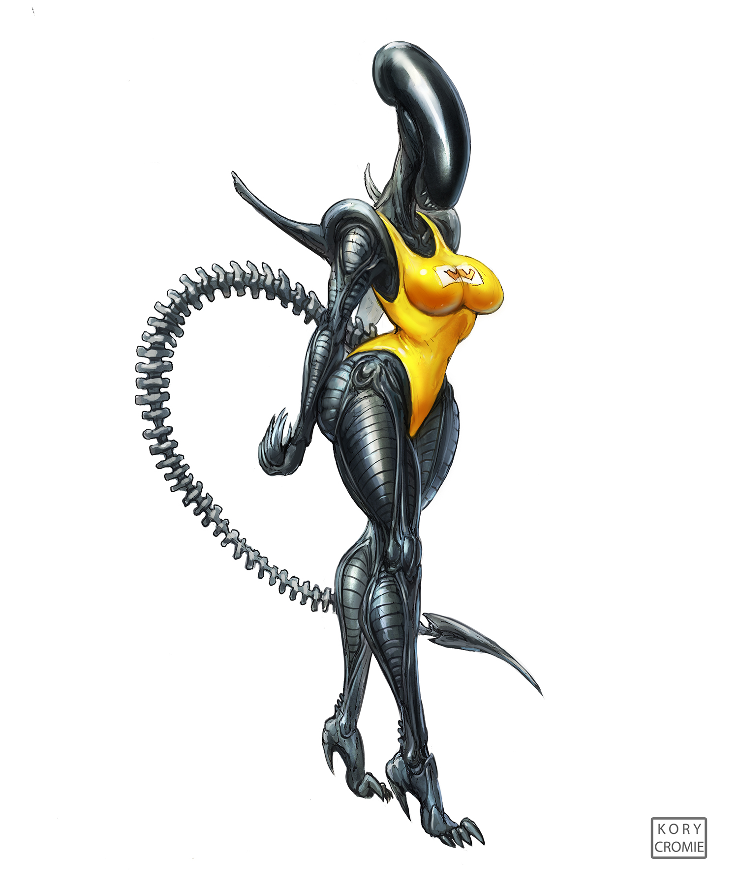 1girls, 2d, alien, alien (franchise), ass, big breasts, black body, breasts, claws, exoskeleton, female, female focus, female only, female xenomorph, hands behind back, kory cromie, long tail, sharp teeth, solo, solo female, solo focus, standing, swimsuit, swimwear, tail, thighs, watermark, white background, xenomorph, xenomorph tail