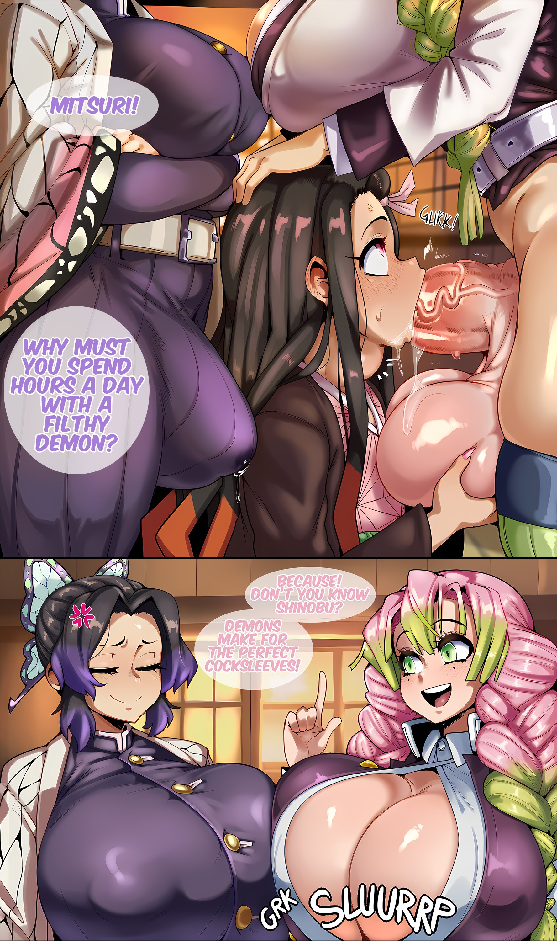 ai generated, blowjob, demon slayer, donbeboys, futa on female, futanari, kamado nezuko, light-skinned female, light-skinned futanari, mitsuri kanroji, not real art