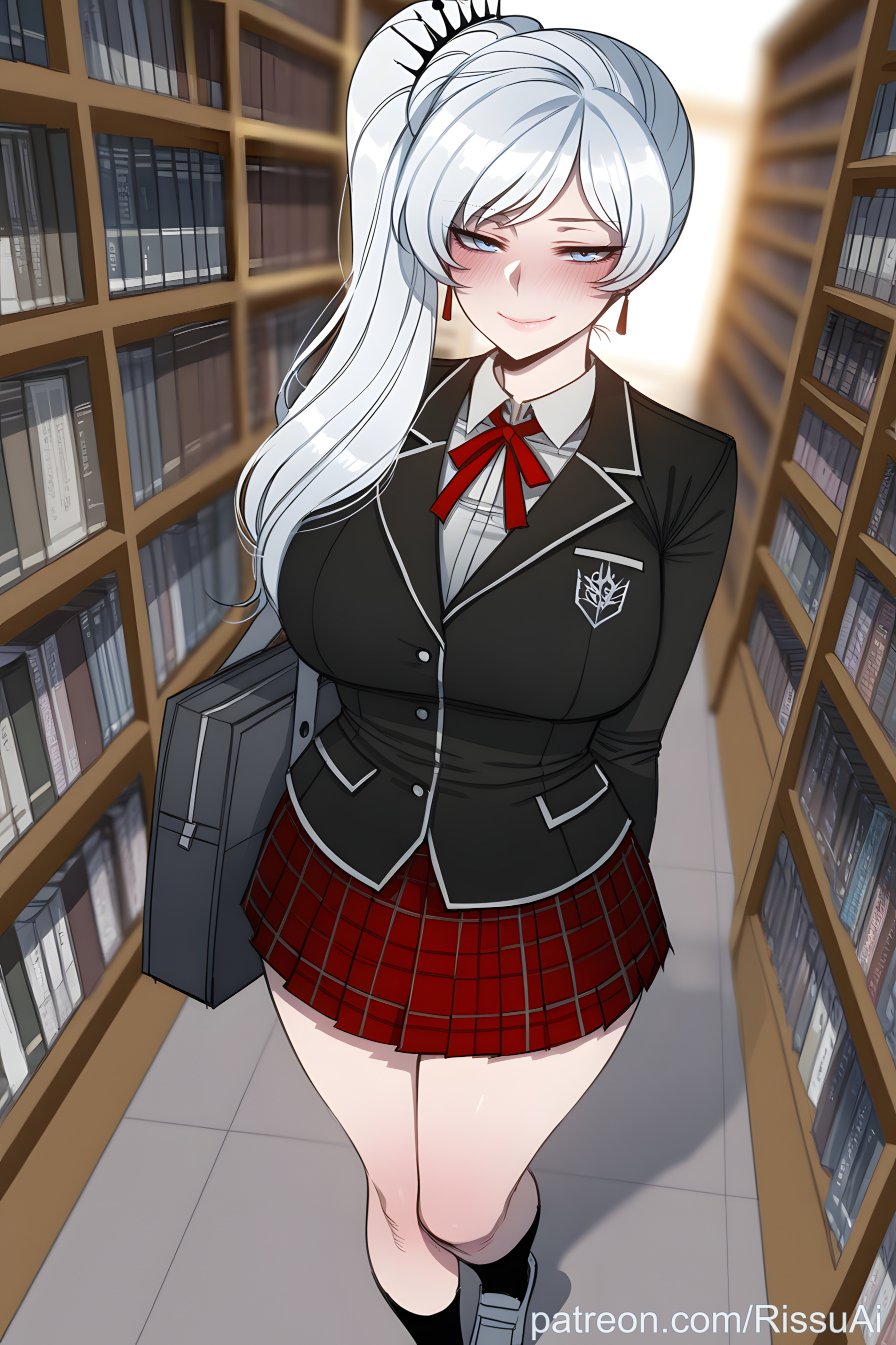 1girls, ai generated, big ass, big breasts, big titties, blue eyes, blush, books, bookshelf, bubble ass, bubble butt, bun, curvy, curvy body, curvy female, earrings, female, female only, hair ornament, happy, hi res, high ponytail, high quality, high resolution, highres, huge ass, huge breasts, library, looking at viewer, patreon, patreon username, ponytail, red shirt, rissuai, rooster teeth, rwby, school uniform, schoolgirl, sexy, sexy armpits, sexy body, sexy clothing, sexy dress, sexy female, sexy pose, smile, weiss schnee, white hair, white shirt