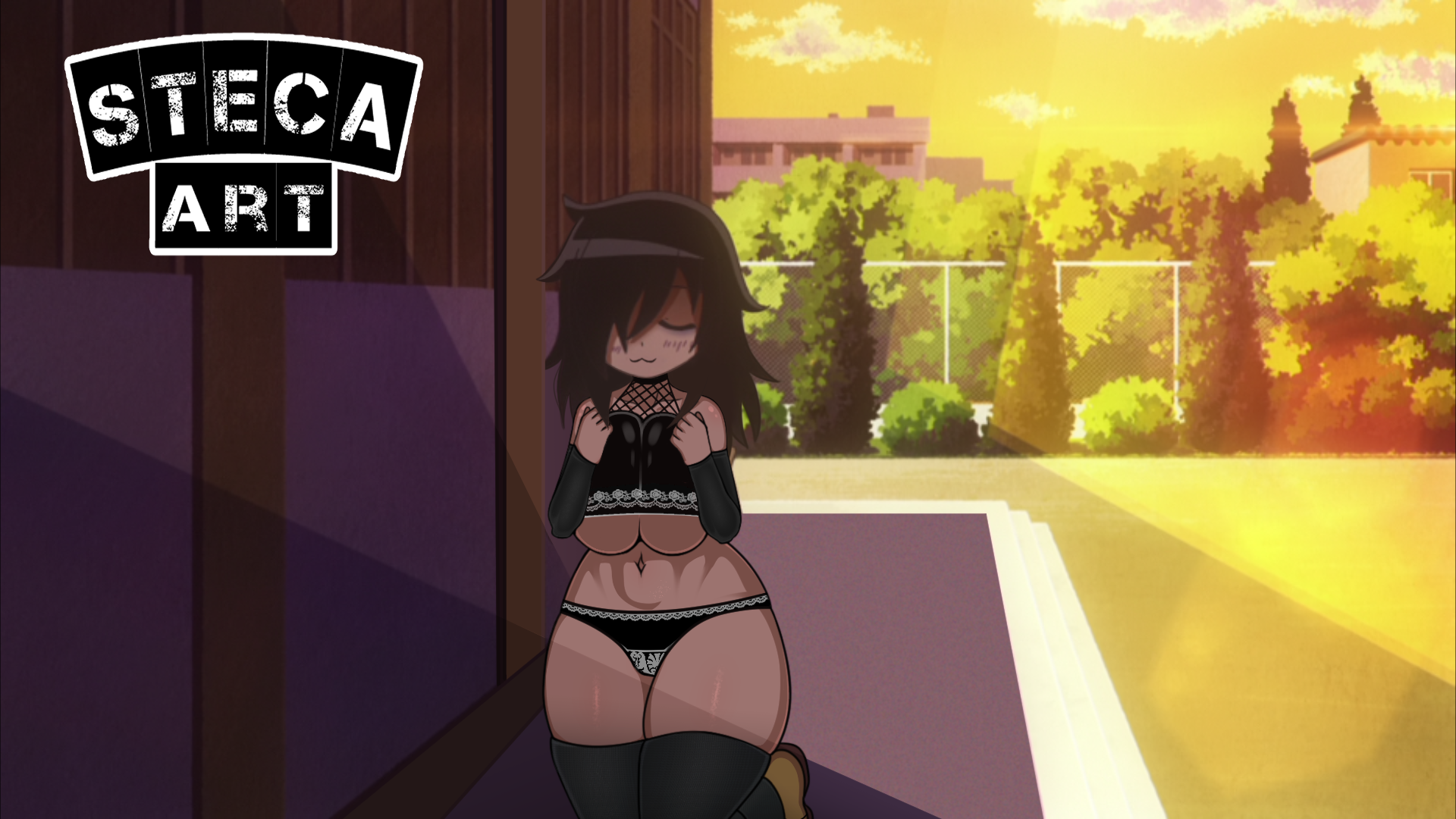 1girls, ass, big ass, big breasts, big butt, bikini, black hair, breasts, edit, female, huge ass, huge breasts, kuroki tomoko, panties, public, screencap, screenshot edit, smile, steca, thelazyart, thighs, watashi ga motenai no wa dou kangaetemo omaera ga warui!