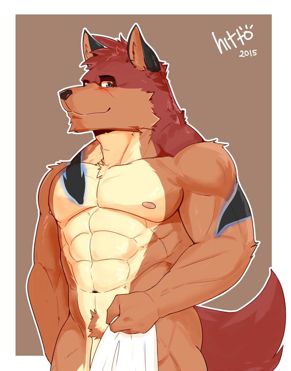 2015 abs anthro biceps canine fur hittoga male male_only mammal multicolored_fur muscular muscular_male nipples pecs solo