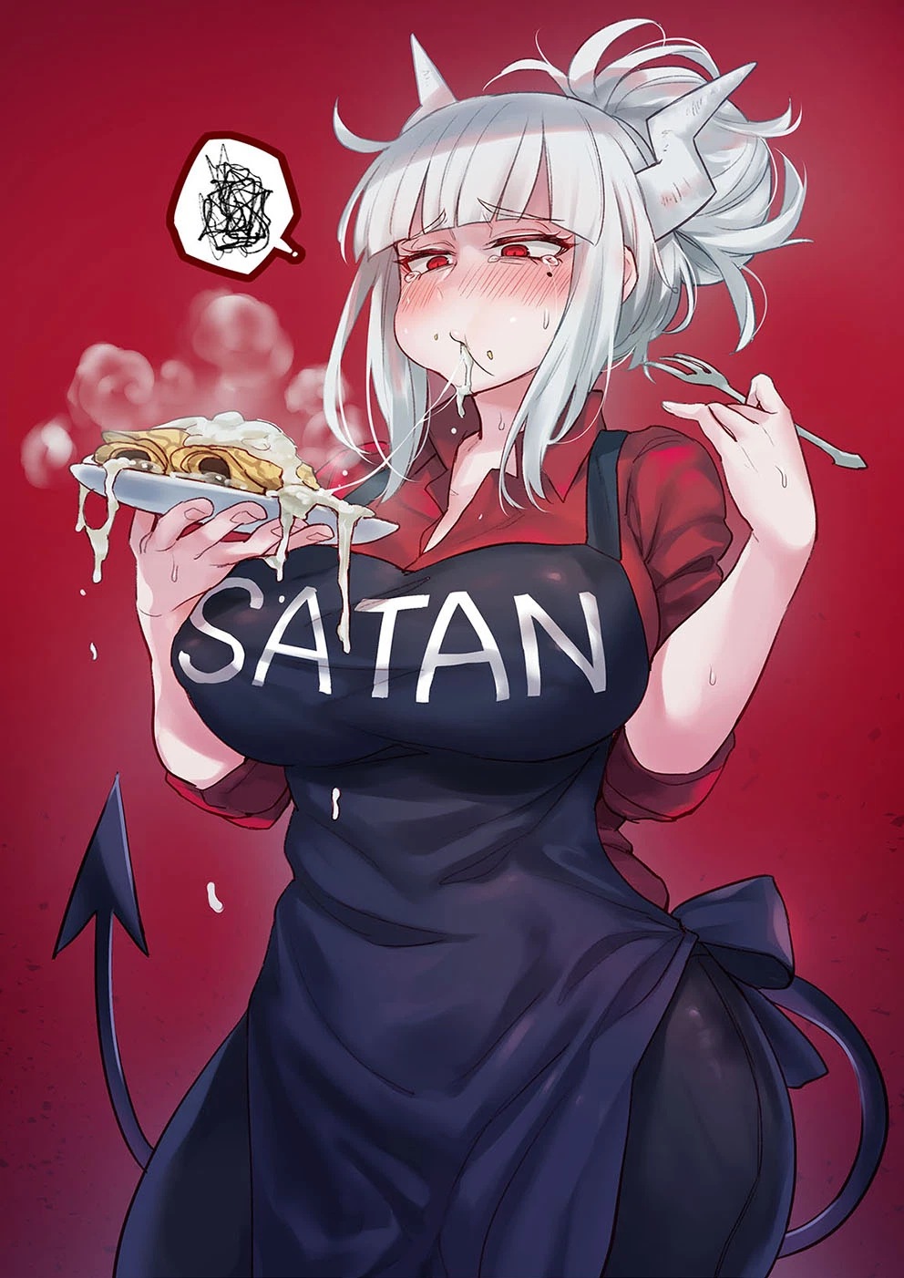 1girls, apron, bangs, blunt bangs, blush, breasts, cum, cum in mouth, cum on food, cumdrip, demon, demon girl, demon horns, demon tail, female, food, gokkun, helltaker, highres, horns, huge breasts, large breasts, lucifer (helltaker), mole, mole under eye, naughty face, pancake, red eyes, seductive, sidelocks, slit pupils, solo, solo female, spoken squiggle, squiggle, sweatdrop, tail, tears, white hair, zhen lu