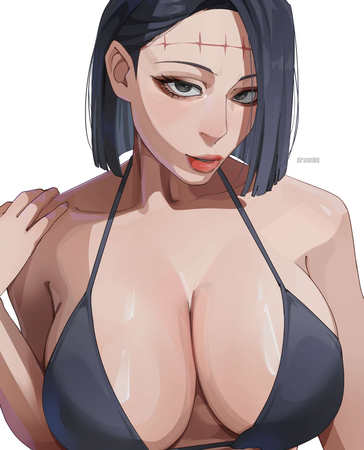abigail, abigail shapiro, big breasts, black hair, bra, breasts focus, bursting breasts, busty female, drawink, hand on shoulder, itadori kaori, juicy lips, jujutsu kaisen, kenjaku, looking back, stitches, straining clothing, tight clothes, tight clothing