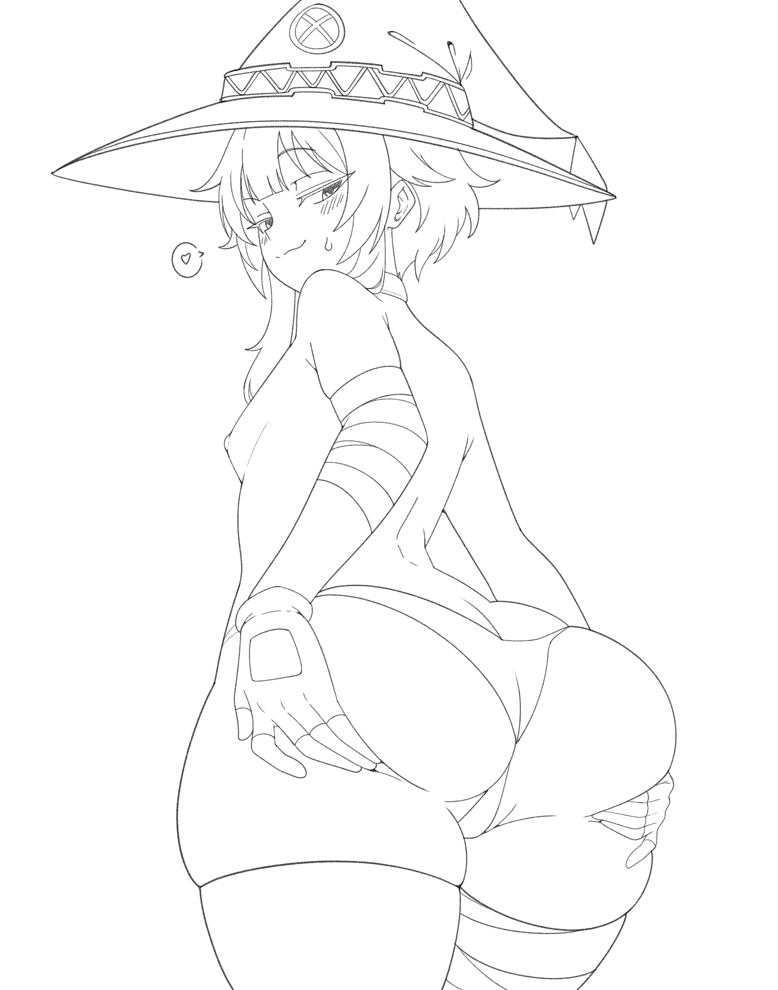 1girls, ass, ass grab, female, female only, kono subarashii sekai ni shukufuku wo!, looking at viewer, looking back, megumin, monochrome, recentstararts, sketch, smug, smug face, white background