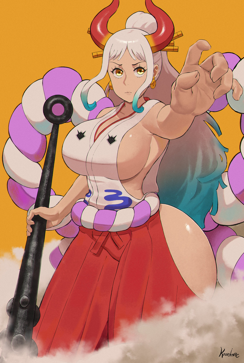 1girls, anime, female, female only, kanabou, koordovac, one piece, oni, oni female, oni horns, solo, solo female, solo focus, tagme, thicc, thick, thick ass, thick hips, thick thighs, thighs, two-tone hair, white hair, white-haired female, yamato (one piece)