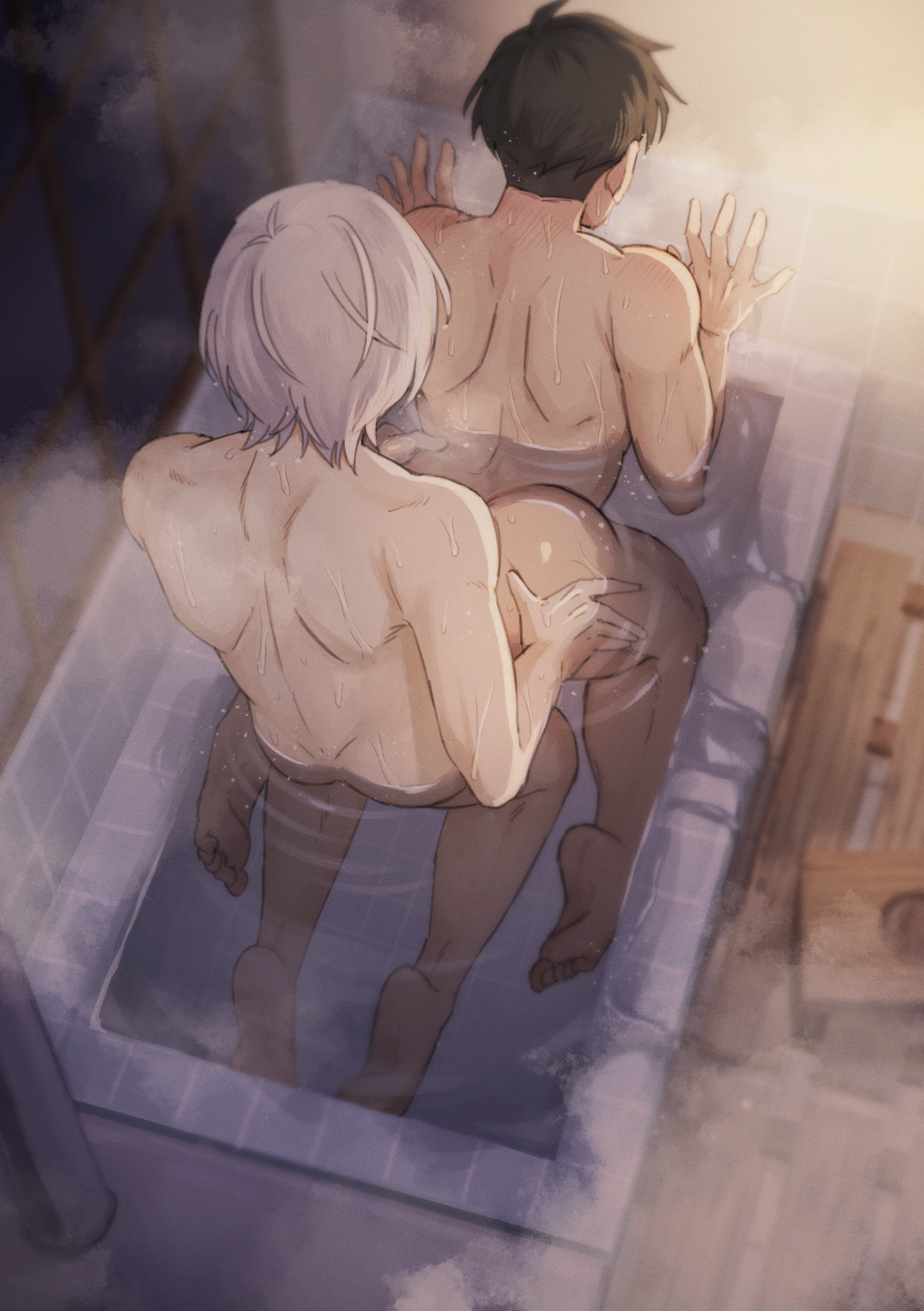 adopted son, adoptive father, adoptive incest, against wall, age difference, aged up, anal, anal sex, bath, bathing, bathroom, bathtub, black hair, completely nude, doggy style, from behind, gay, gegege no kitarou, getakichi, high-angle view, kitarou, kitarou tanjou gegege no nazo, male, male only, mizuki (gegege no kitarou), no visible genitalia, nude, steam, waist grab, waiwaiwainosuke, wet, wet body, wet skin, white hair, yaoi, younger dom older sub, younger penetrating older
