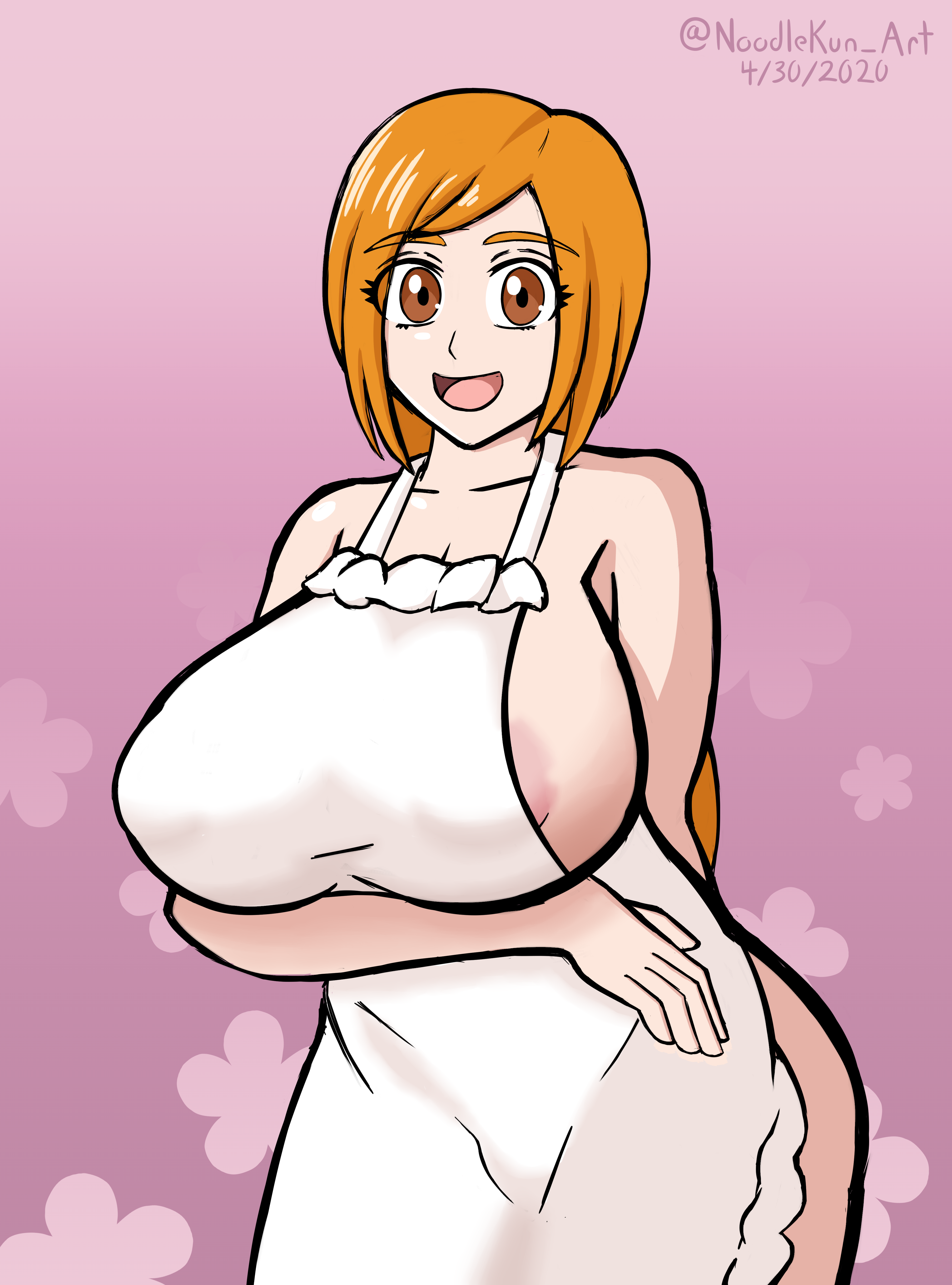 1girls, 2020, apron, areola slip, areolae, arm under breasts, arms behind back, bleach, breasts, dated, eyebrows visible through hair, eyes visible through hair, female, female only, huge breasts, inoue orihime, long hair, naked apron, noodlekun, orange hair, smile, solo, tied hair