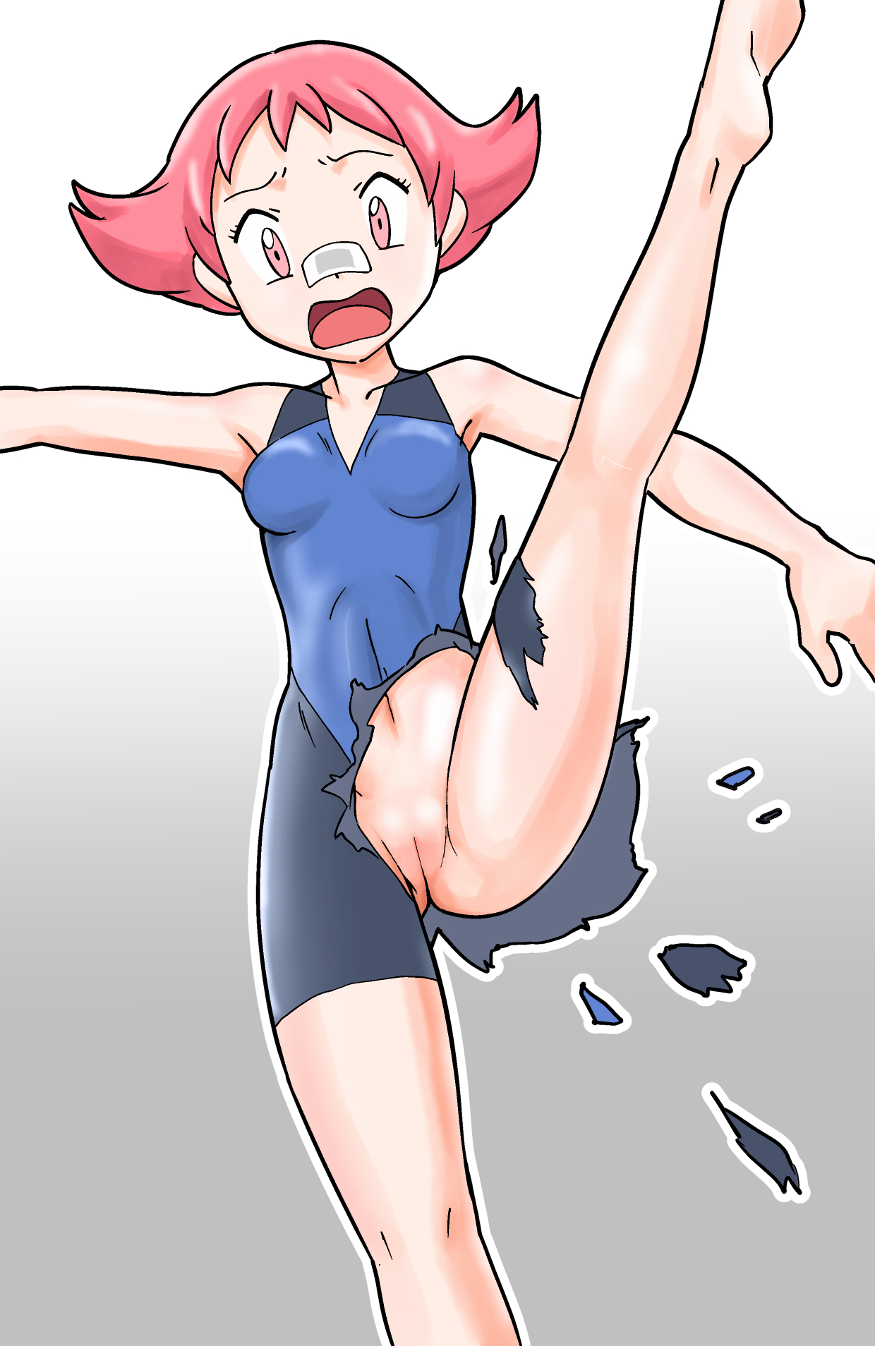 1girls, antiar, armpits, ass, bandaid, bandaid on nose, bare shoulders, barefoot, belly, bodysuit, breasts, eyelashes, feet, female, female only, flipped hair, gradient, gradient background, grey background, gym leader, high kick, human, human only, kicking, leg lift, leg up, maylene (pokemon), navel, nintendo, open mouth, pink eyes, pink hair, pokemon, pokemon dppt, pussy, short hair, short pink hair, small breasts, soles, solo, standing, surprised, tongue, torn clothes, uncensored, unitard, wardrobe malfunction, white background