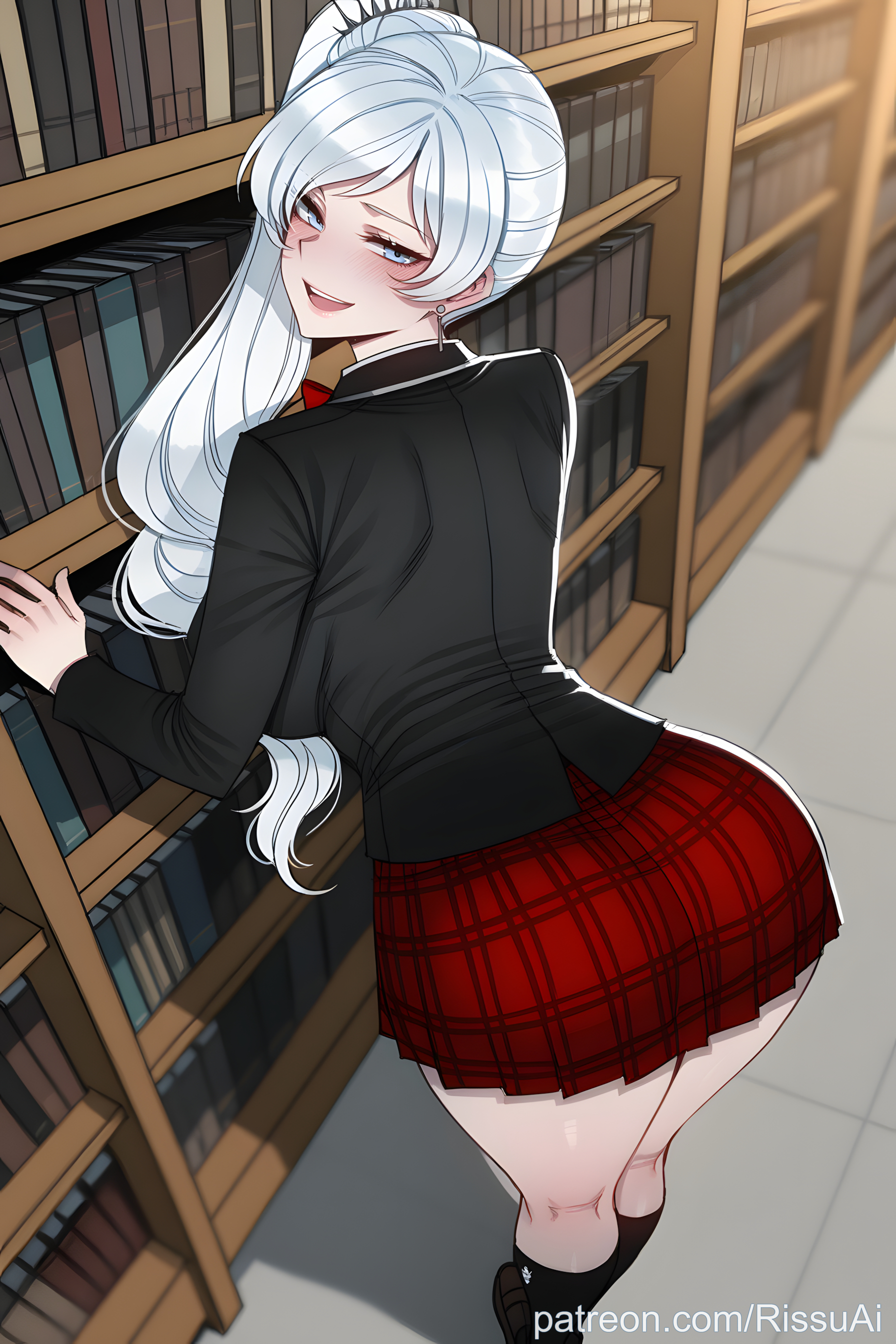 1girls, ai generated, ass focus, big ass, big breasts, big titties, blue eyes, blush, books, bookshelf, bubble ass, bubble butt, bun, curvy, curvy body, curvy female, earrings, female, female only, from behind, hair ornament, hi res, high ponytail, high quality, high resolution, highres, huge ass, huge breasts, library, looking at viewer, open mouth, patreon, patreon username, ponytail, red shirt, rissuai, rooster teeth, rwby, school uniform, schoolgirl, searching, sexy, sexy armpits, sexy body, sexy clothing, sexy dress, sexy female, sexy pose, smile, upper teeth, weiss schnee, white hair, white shirt