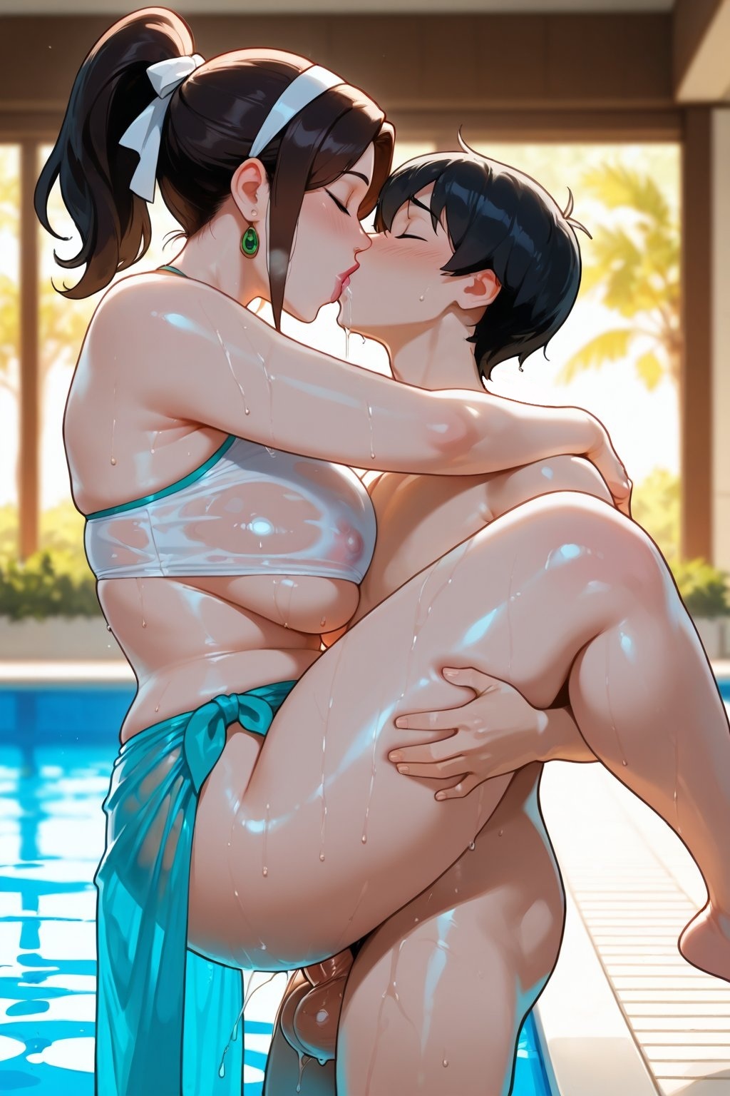 1boy, 1female1male, 1girls, 1male1female, age difference, ai generated, armpit crease, arms around partner, bikini, black hair, blurry background, carrying partner, earrings, female, hair ribbon, hairband, hand on partner's thigh, kissing, kissing while penetrated, large breasts, large testicles, light skinned female, male, milf, mommy, nipples visible through clothing, palm leaf, ponytail, poolside, pussy juice, rgomez007, saliva, sarong, self upload, sex, sexual intercourse, shiny skin, side view, sidelocks, skindentation, sloppy kiss, sports bra, stable diffusion, swimming pool, thicc, thick thighs, underboob, upright straddle, vaginal penetration, warm lighting, water drop, wet skin