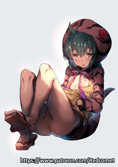 anus bangs bare_legs blush breasts clog_sandals clothing eyebrows_visible_through_hair female green_hair grey_background hands_in_pockets hood hoodie kemono_friends looking_at_viewer nipples pussy redcomet short_hair simple_background sitting small_breasts solo tail tsuchinoko_(kemono_friends) watermark yellow_eyes