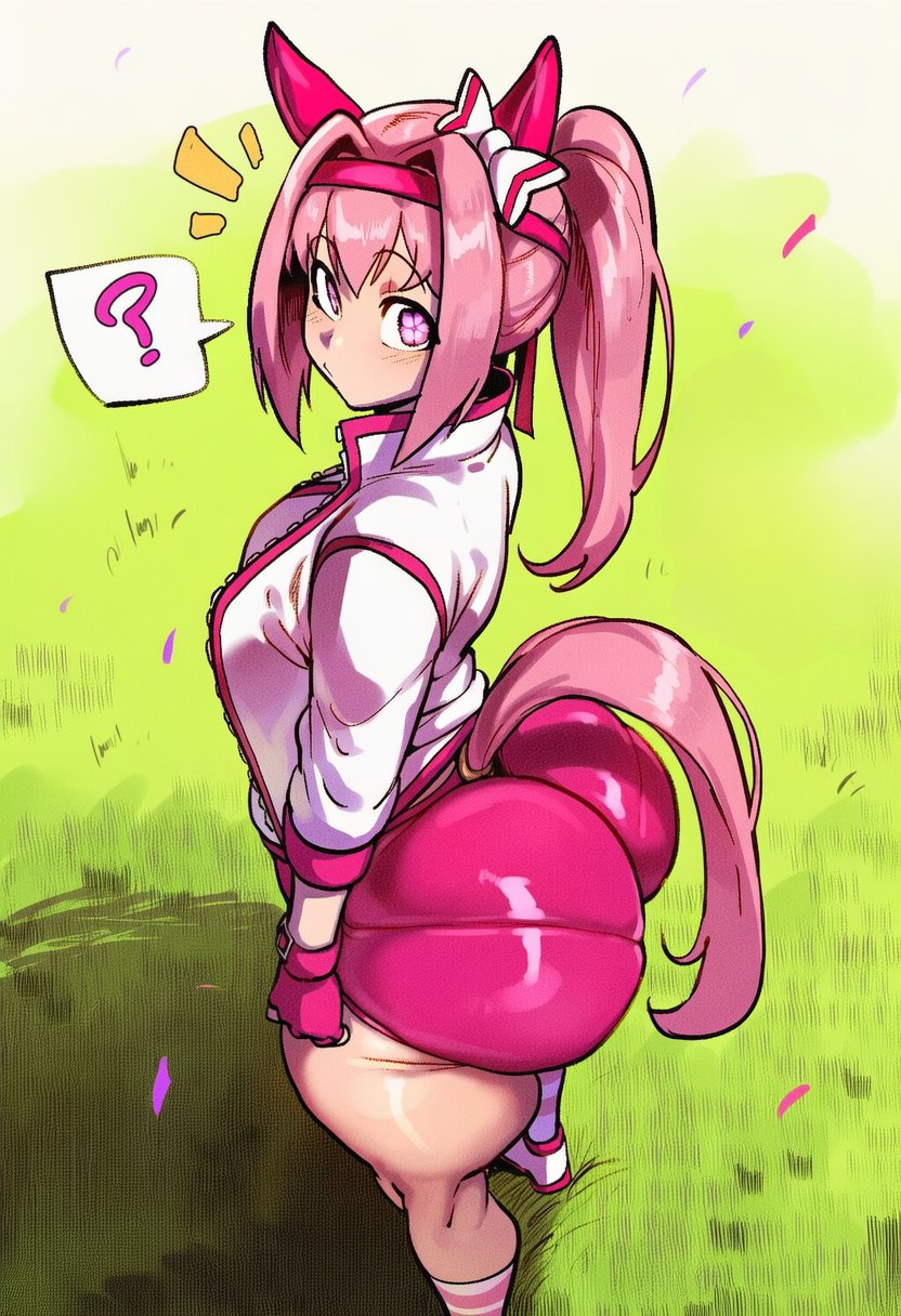 ai generated, ass, big ass, female only, haru urara (umamusume), ishimo, pink eyes, pink hair, ponytail, small breasts, tail, umamusume, umamusume pretty derby