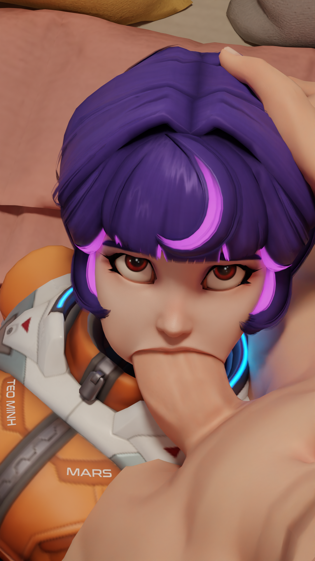 1boy, 1boy1girl, 1female, 1girls, 3d, alternate version at source, artist request, big penis, blowjob, deepthroat, fellatio, female, heels, juno (overwatch), light skin, light-skinned female, light-skinned male, male pov, nude, nude male, oral, overwatch, overwatch 2, overwatch archives, pov, purple hair, red eyes, sandals, short hair, wuyang
