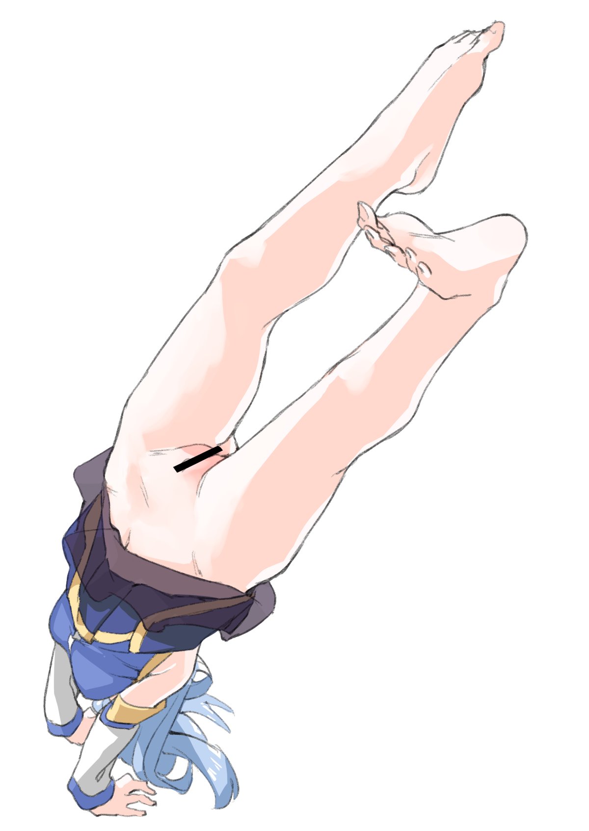 1girls aqua_(konosuba) bar_censor blue_hair censored detached_sleeves feet female female_only headstand highres kono_subarashii_sekai_ni_shukufuku_wo! legs legs_up muchi_maro navel no_panties pussy simple_background skirt skirt_flip solo upside-down white_background