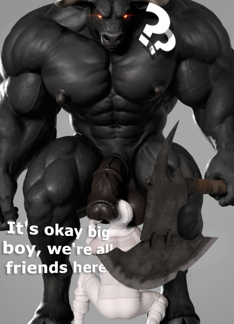 3d, 3d (artwork), abs, alternate version at source, anonymous male, anthro, anthro on human, anthro on male, ball worship, balls fondling, before sex, bovid, bull, chest, chest hair, cock worship, english text, equine penis, flaccid, gay, glowing eyes, half-erect, hdregrets, hooves, horns, horsecock, huge cock, large balls, large penis, large testicles, male only, masculine, minotaur, monster, muscular, muscular anthro, muscular male, pecs, penis worship, size difference, testicle grab, testicle sucking, testicles, text, yaoi
