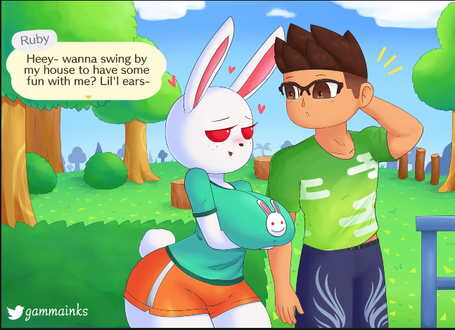 1boy 1girls animal_crossing bunny gammainks inviting orange_shorts ruby_(animal_crossing) shorts tagme villager_(animal_crossing)