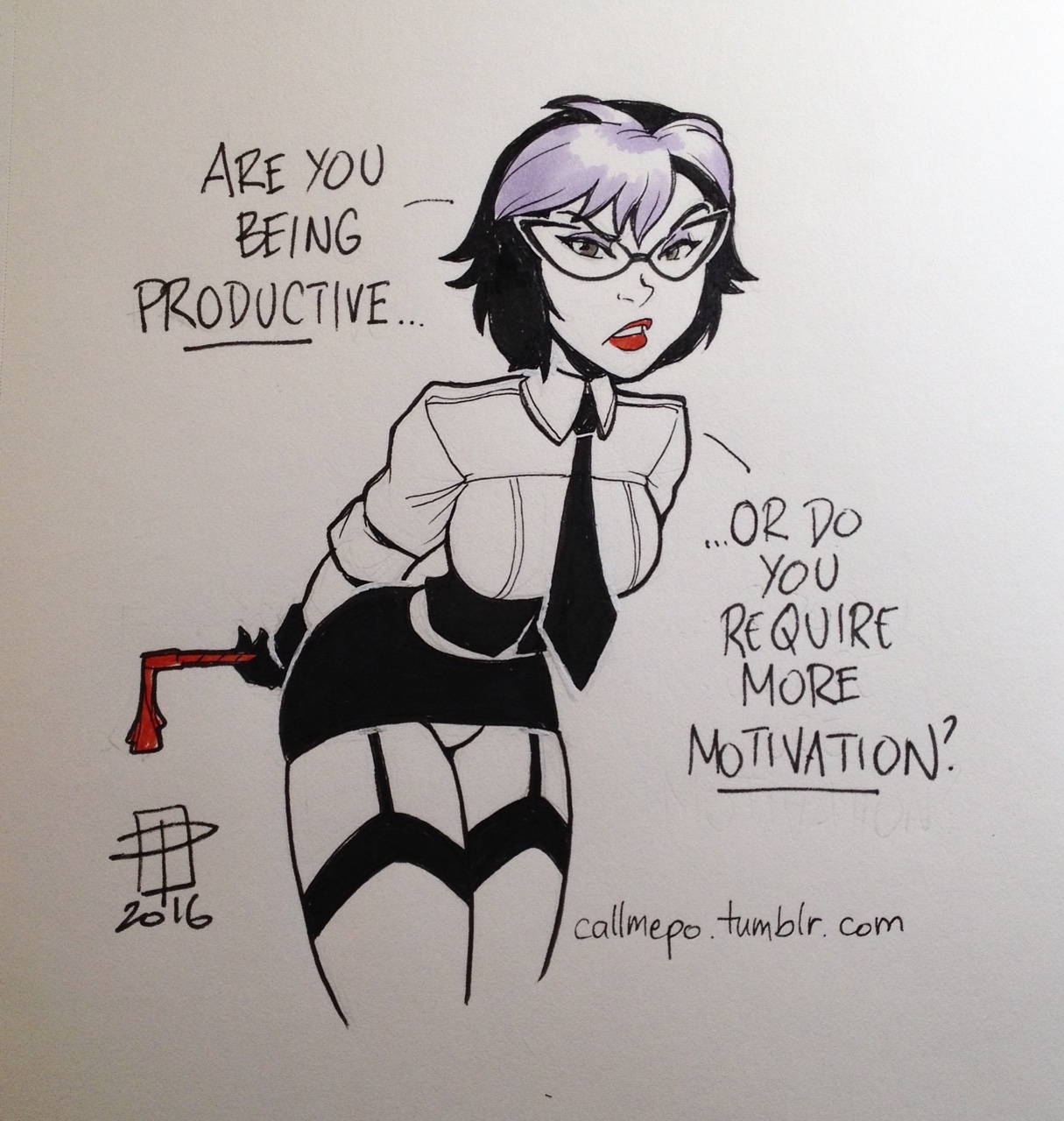 1girls, 2016, asian, big hero 6, callmepo, corset, disney, eyeshadow, female, female only, femdom, garter belt, garter straps, glasses, gogo tomago, hourglass figure, lipstick, marvel, marvel comics, necktie, panties, riding crop, signature, skirt, solo, text, two-tone hair