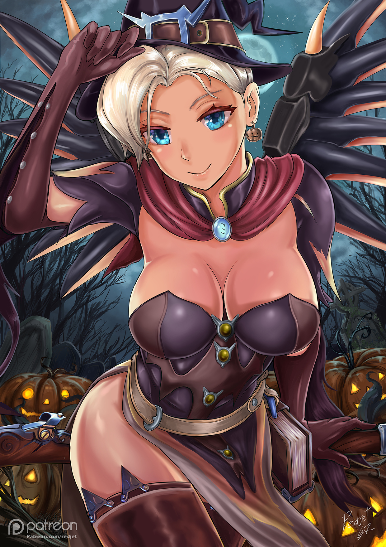 1girls, alternate costume, blizzard entertainment, blonde hair, blue eyes, breasts, cleavage, dress, dress shirt, elbow gloves, female, female only, gloves, halloween, hat, highres, human, large breasts, looking at viewer, mechanical wings, mercy, overwatch, ponytail, pumpkin, redjet, shoes, solo, spread wings, thighhighs, tied hair, wings, witch hat, witch mercy