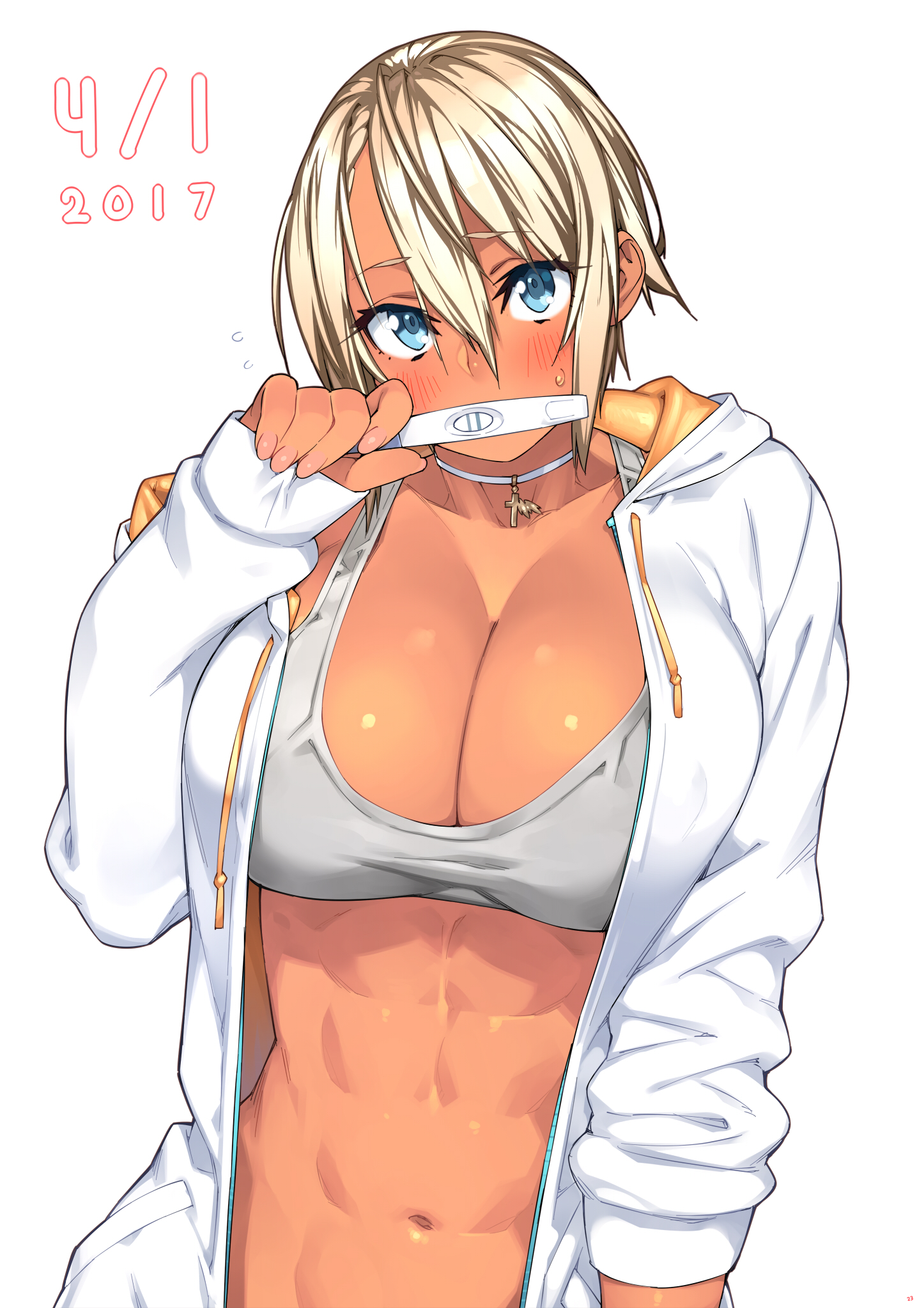2017, abs, april fools, blonde hair, blue eyes, blush, breasts, cleavage, clothing, dark skin, dark-skinned female, female, hoodie, jacket, large breasts, muscular, muscular female, open clothes, open hoodie, open jacket, original, pregnancy test, sela (sela god), sela god, short hair, solo, sports bra, sweatdrop