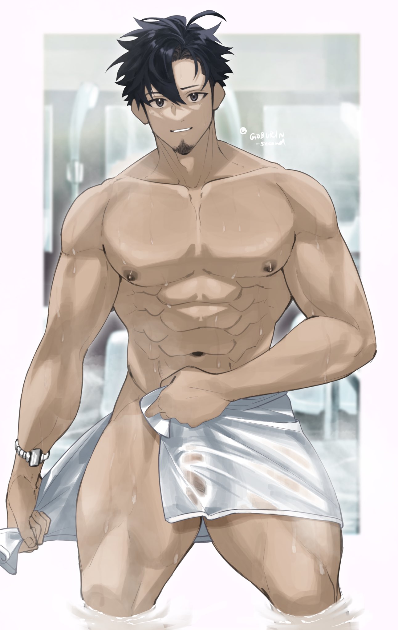 1boy abs bara bara_tiddies bara_tits big_pecs brown_nipples bulge bulge_through_towel bulge_under_towel busty dripping_wet facial_hair flaccid flaccid_penis goatee goburin_second harumi_(goburin_second) highres large_pectorals looking_at_viewer male male_chest male_focus male_only mature_male muscular muscular_male muscular_thighs navel nipples onsen original pecs pectorals penis penis_outline penis_under_towel penis_visible_through_towel six_pack smile smiling smiling_at_viewer solo solo_male thick_thighs thighs topless_male towel_around_waist very_sweaty wet wet_body wet_skin wet_towel white_towel