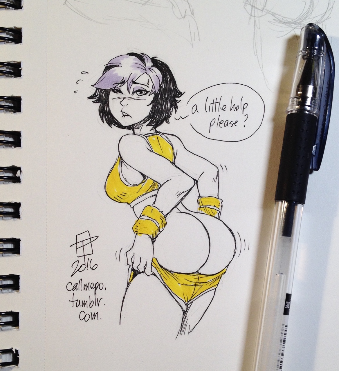 1girls, 2016, asian, ass, back view, big ass, big hero 6, biting lip, bra, bubble ass, bubble butt, callmepo, clothes too small, clothing too small, disney, eyeshadow, female, female only, gogo tomago, inconvenient ass, inconvenient butt, limited palette, marvel, marvel comics, photo (medium), rear view, signature, solo, struggling to fit, text, two-tone hair, wardrobe malfunction