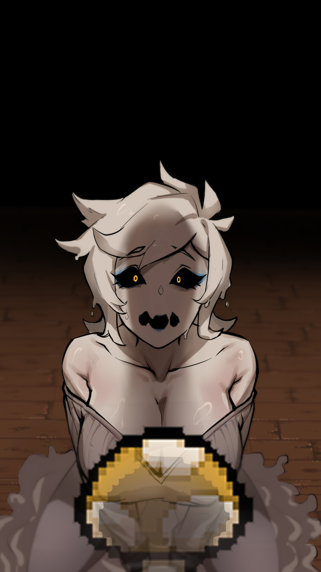 1boy, 1girls, artist request, big breasts, bigger male, black sclera, cleavage, color, colored, delirium (the binding of isaac), exposed shoulders, eyelashes, eyeshadow, imminent sex, isaac (the binding of isaac), looking at viewer, mushroom, nipple bulge, penis awe, penis shadow, pov, shadow, slime, slime girl, slime monster, smaller female, sweat, sweater, the binding of isaac, thick thighs, unseen penis, white hair, white skin, yellow eyes