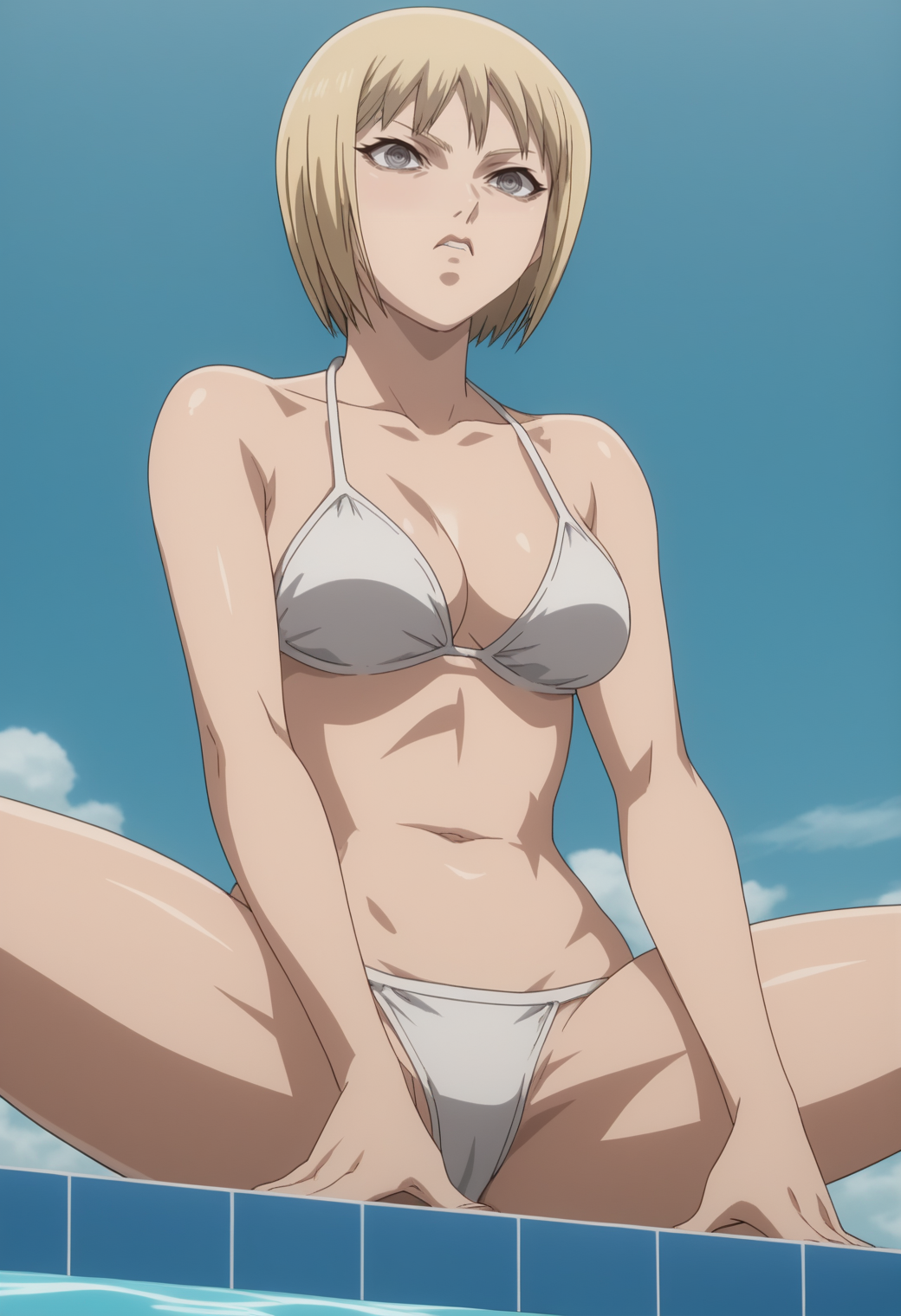 ai_generated bikini blonde_female blonde_hair clare_(claymore) claymore female female_only medium_breasts open_legs short_hair silver_eyes sitting white_bikini