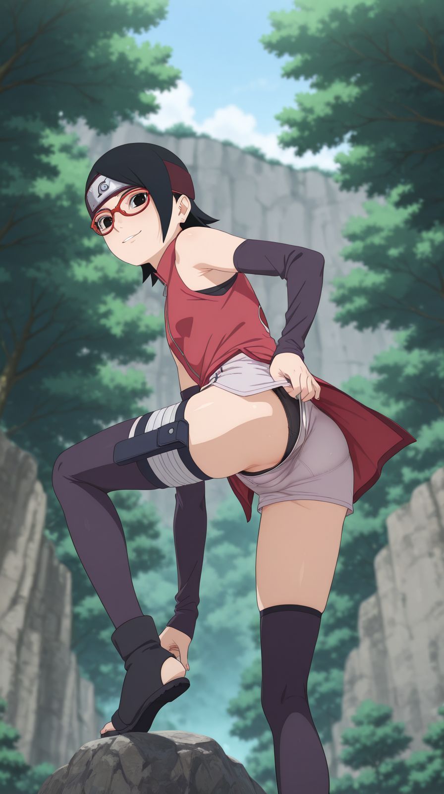 1girls, ai generated, boruto: naruto next generations, clothed, clothed female, female, female only, naruto, naruto (series), sarada uchiha, showing ass, showing off, teenage female, teenager, uchiha sarada