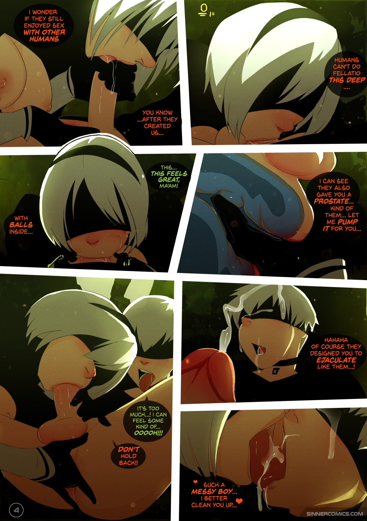 1boy, 1girls, anal, anal fingering, balls, blindfold, breasts, cock and balls blowjob, comic, cum, cum kiss, cum snack, cum swap, deepthroat, ejaculation, fellatio, female, femdom, male, male penetrated, nier, nier: automata, nipples, oral, penis, sillygirl, sinner, snowballing, speech bubble, straight, white hair, yorha 2b, yorha 9s