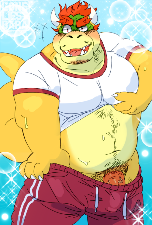 1boy anthro belly blue_background blush body_hair bowser clothed clothing loneliestbara male male_only mario_(series) nintendo open_mouth overweight overweight_male pants penis shirt slightly_chubby solo standing undressing vein veiny_penis video_games