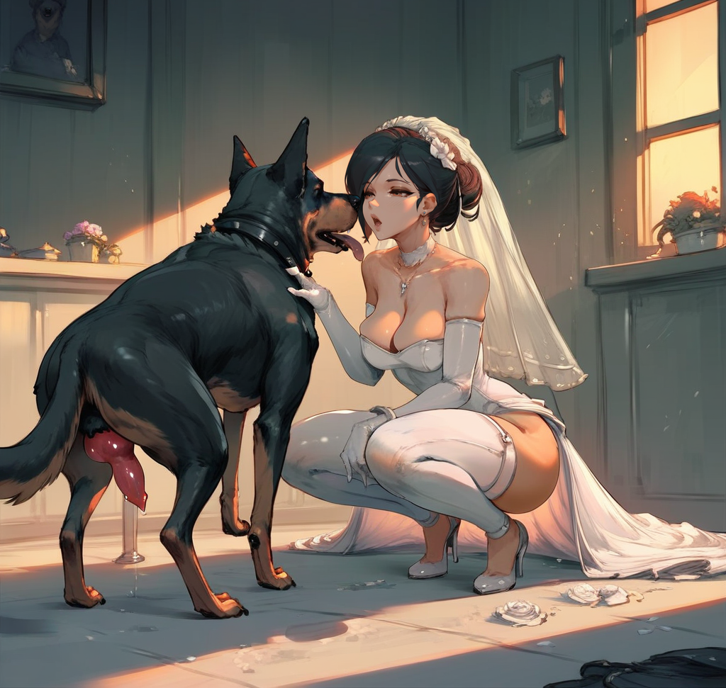 1girls ai_generated bride canine canine_penis gloves high_heels married_to_feral squatting wedding_dress wife zoophilia