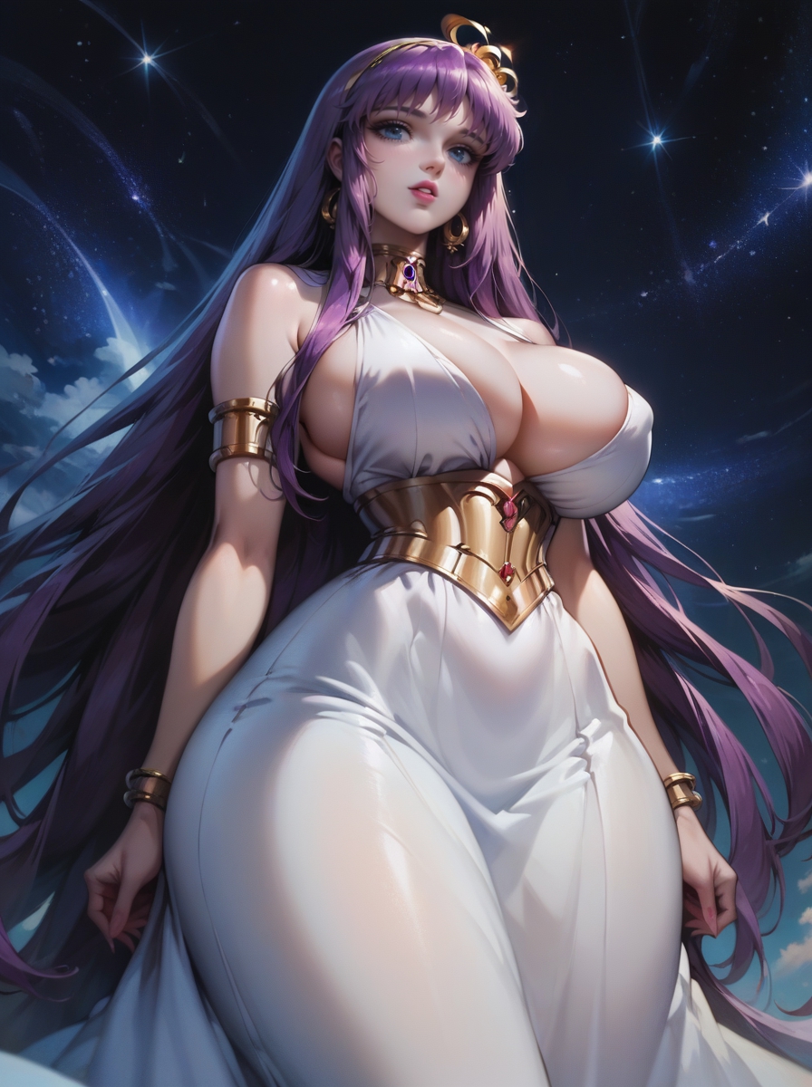 1girls accessories ai_generated athena_(saint_seiya) dress female female_focus legs saint_seiya saori_kido shounen_jump thick_thighs thighs white_dress wide_hips