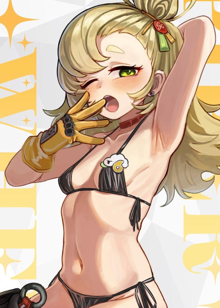 black_bra black_panties golden_gloves green_eyes half-dressed half_naked piper_wheel yawning yawning_position zenless_zone_zero