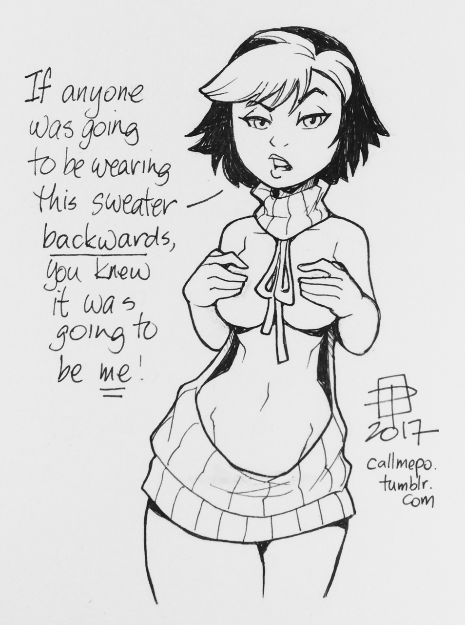 1girls 2017 asian backwards_clothing big_hero_6 callmepo covering covering_breasts covering_nipples disney female female_only gogo_tomago hourglass_figure marvel monochrome navel reverse_virgin_killer_sweater solo teenager two_tone_hair virgin_killer_sweater wardrobe_error