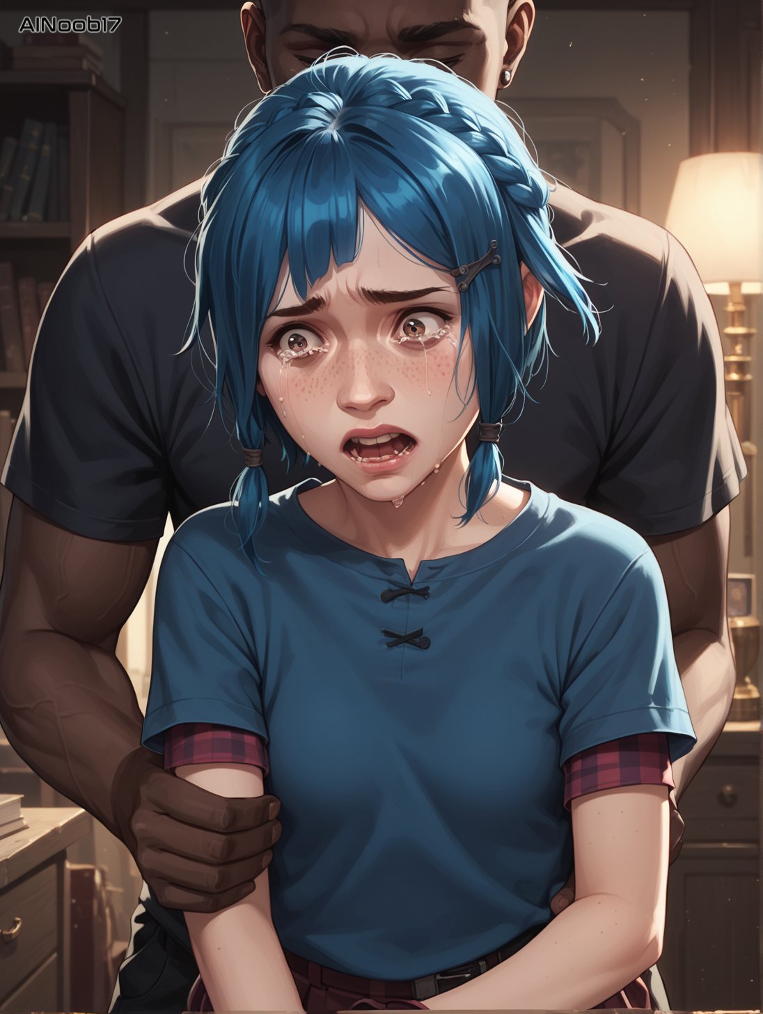 1boy 1girls age_difference ai_generated ainoob17 arcane blue_hair crying crying_with_eyes_open dark-skinned_male jinx_(league_of_legends) light-skinned_female powder_(arcane) scared size_difference stable_diffusion tagme