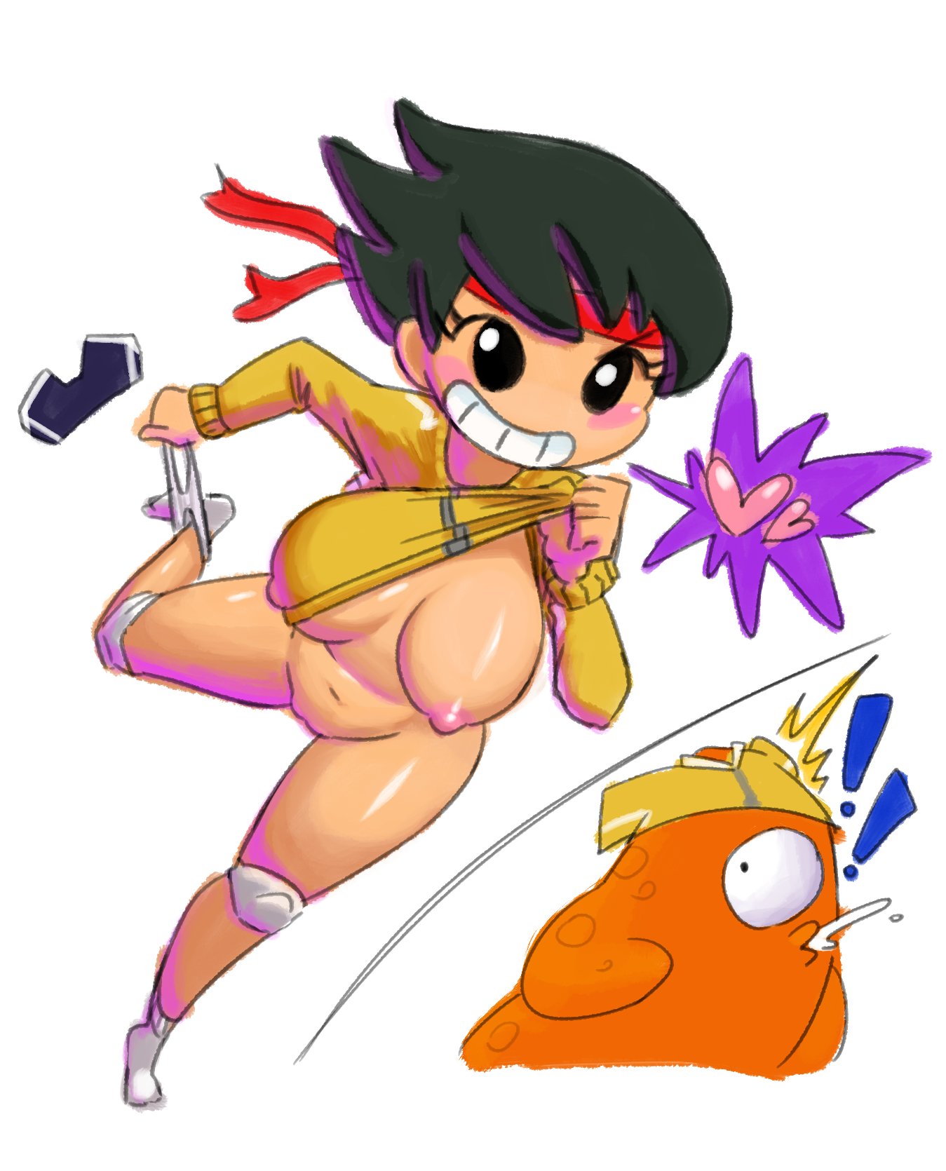 !! 1boy 1girls black_hair blush breasts cyclops female female_on_top hair headband heart highres knee_pads large_breasts lil_slugger male minus8 mob_face nipples no_panties one_breast_out one_eye one_leg_up orange_skin presenting presenting_breasts pussy pussy_peek shirt_lift simple_background smile super_beat_sports thick_thighs white_background